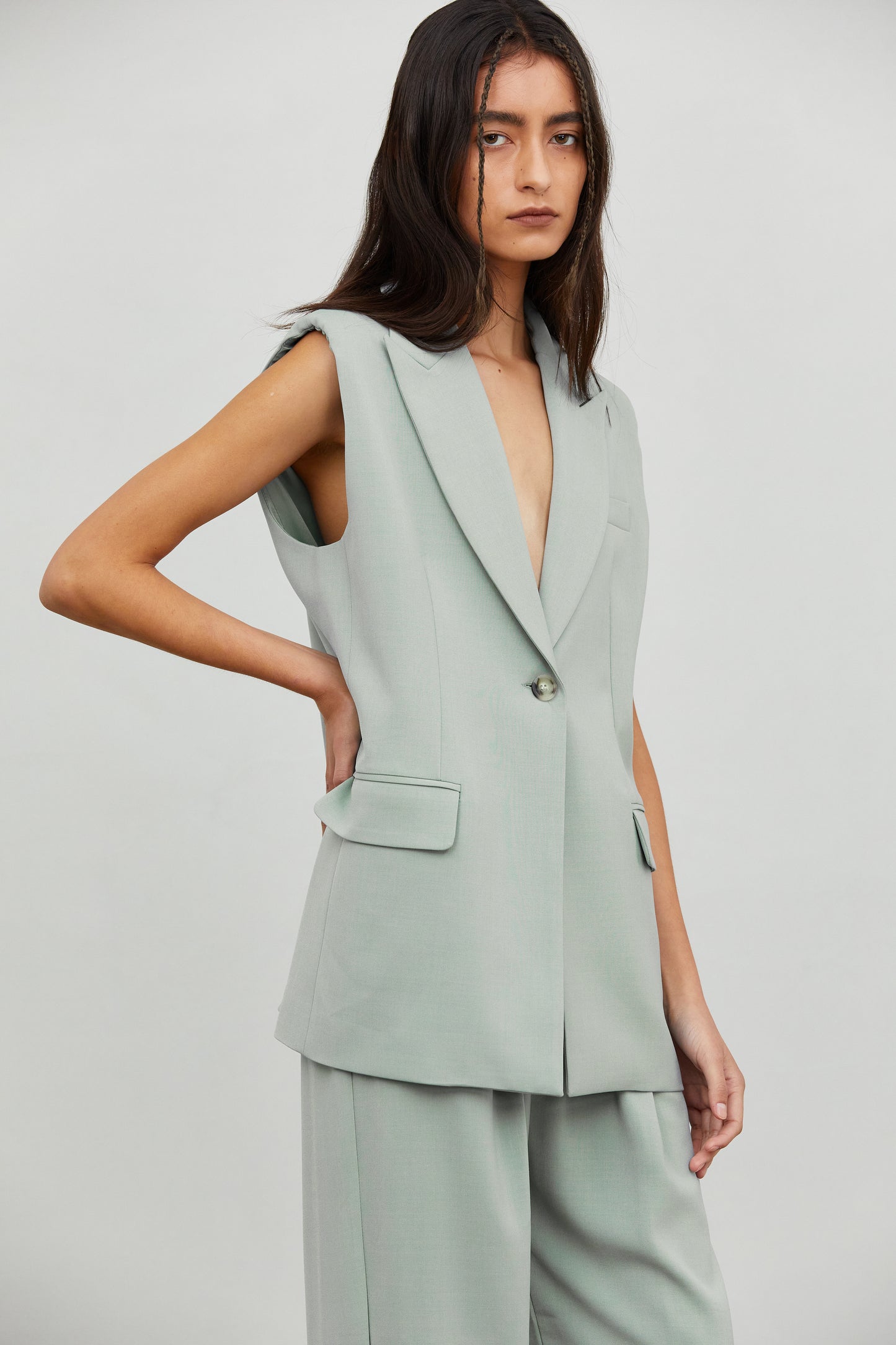 2 Layer Combo Boxy Vest And Blazer, Celadon