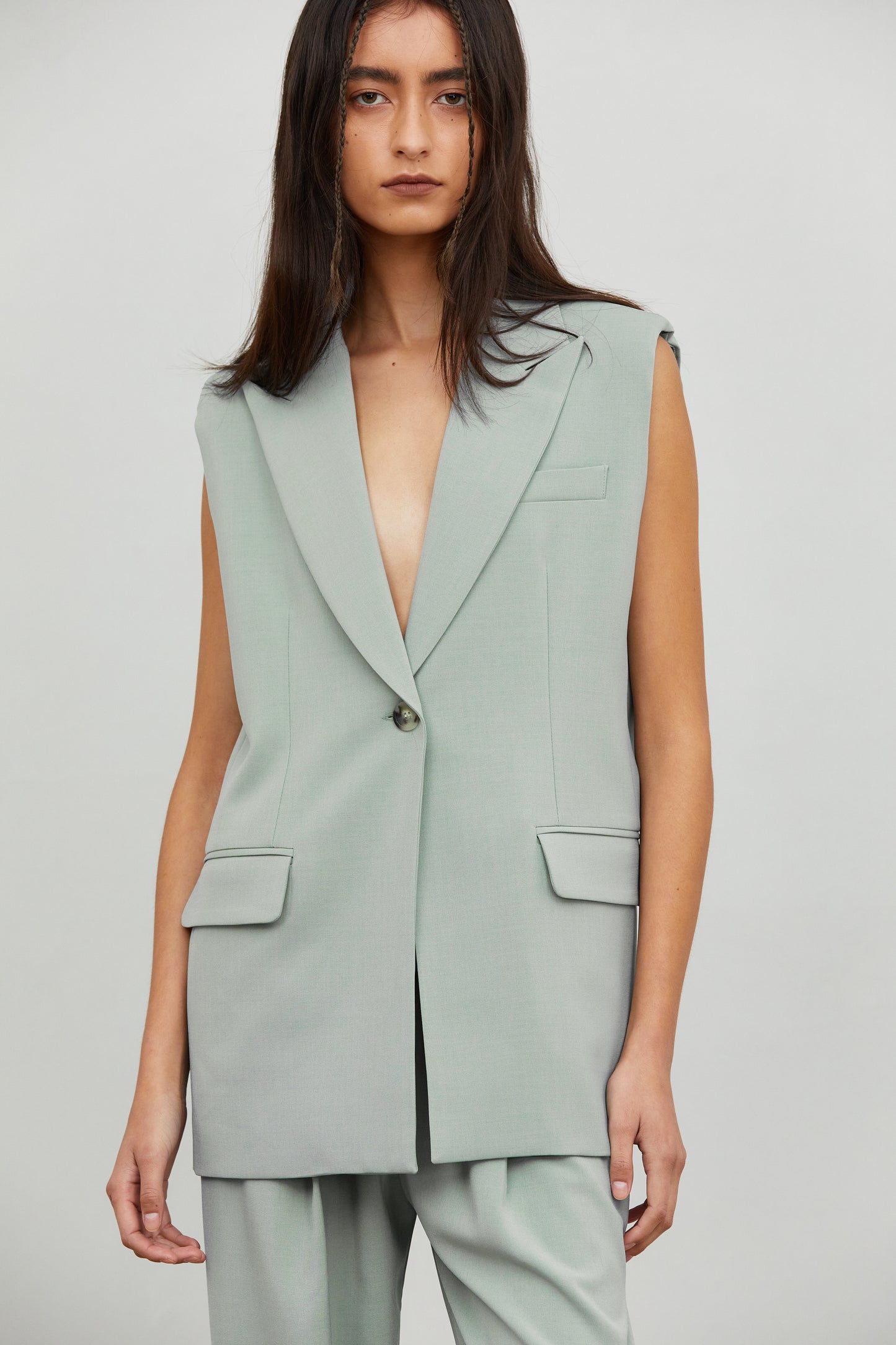 2 Layer Combo Boxy Vest And Blazer, Celadon