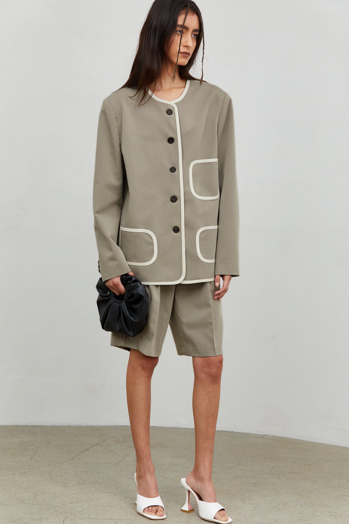 Collarless Contrast Line Blazer, Hazelwood