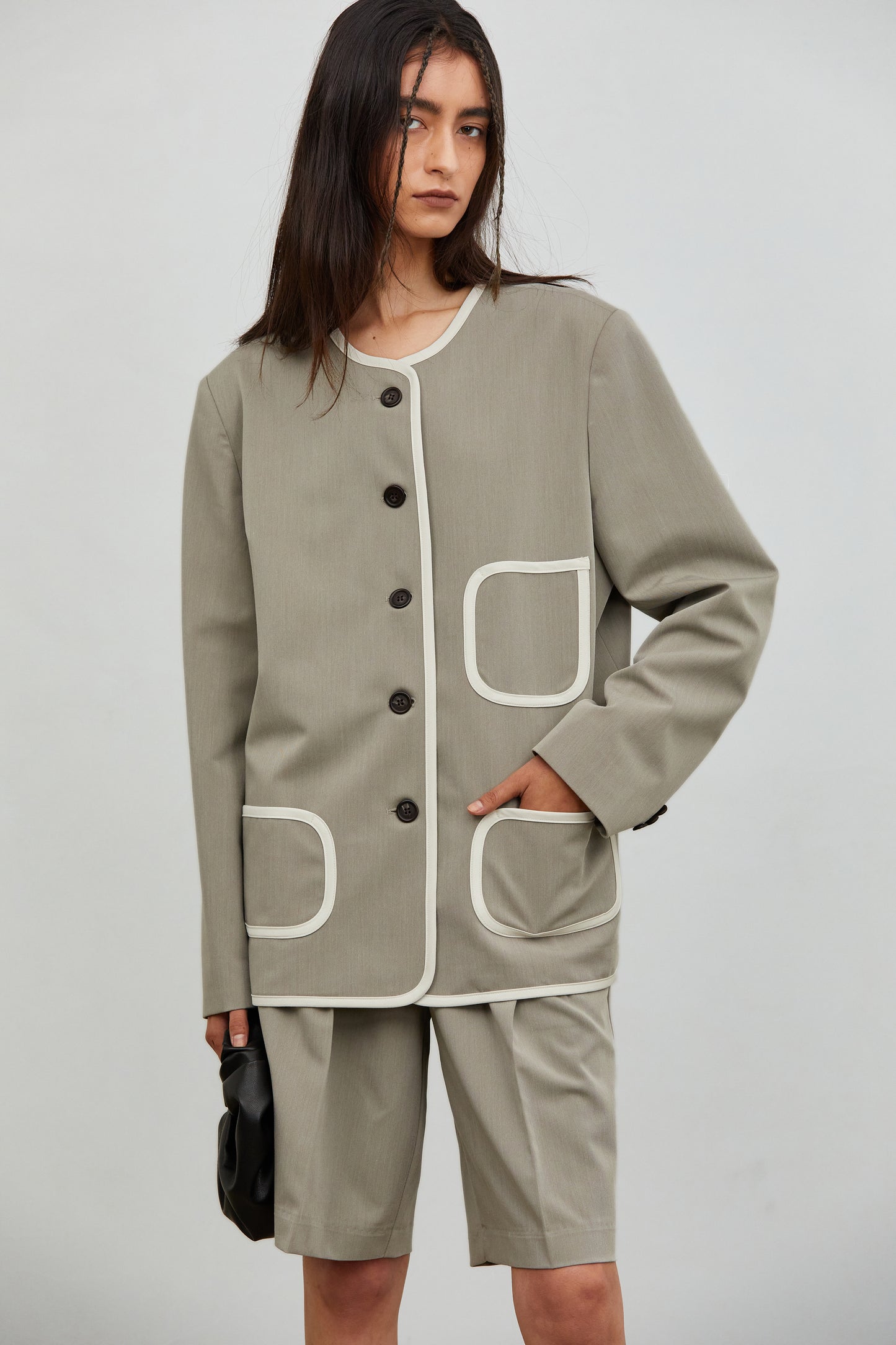 Collarless Contrast Line Blazer, Hazelwood