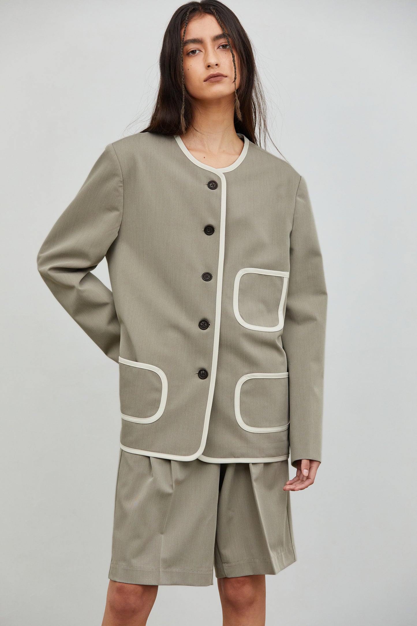 Collarless Contrast Line Blazer, Hazelwood