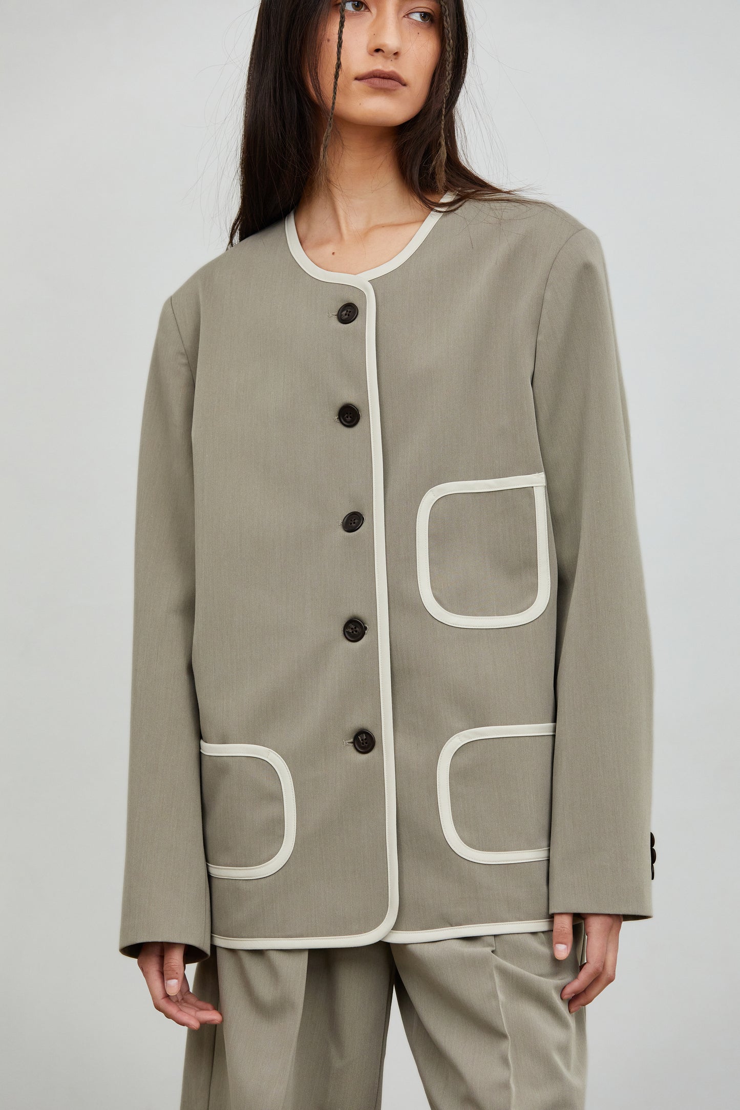 Collarless Contrast Line Blazer, Hazelwood