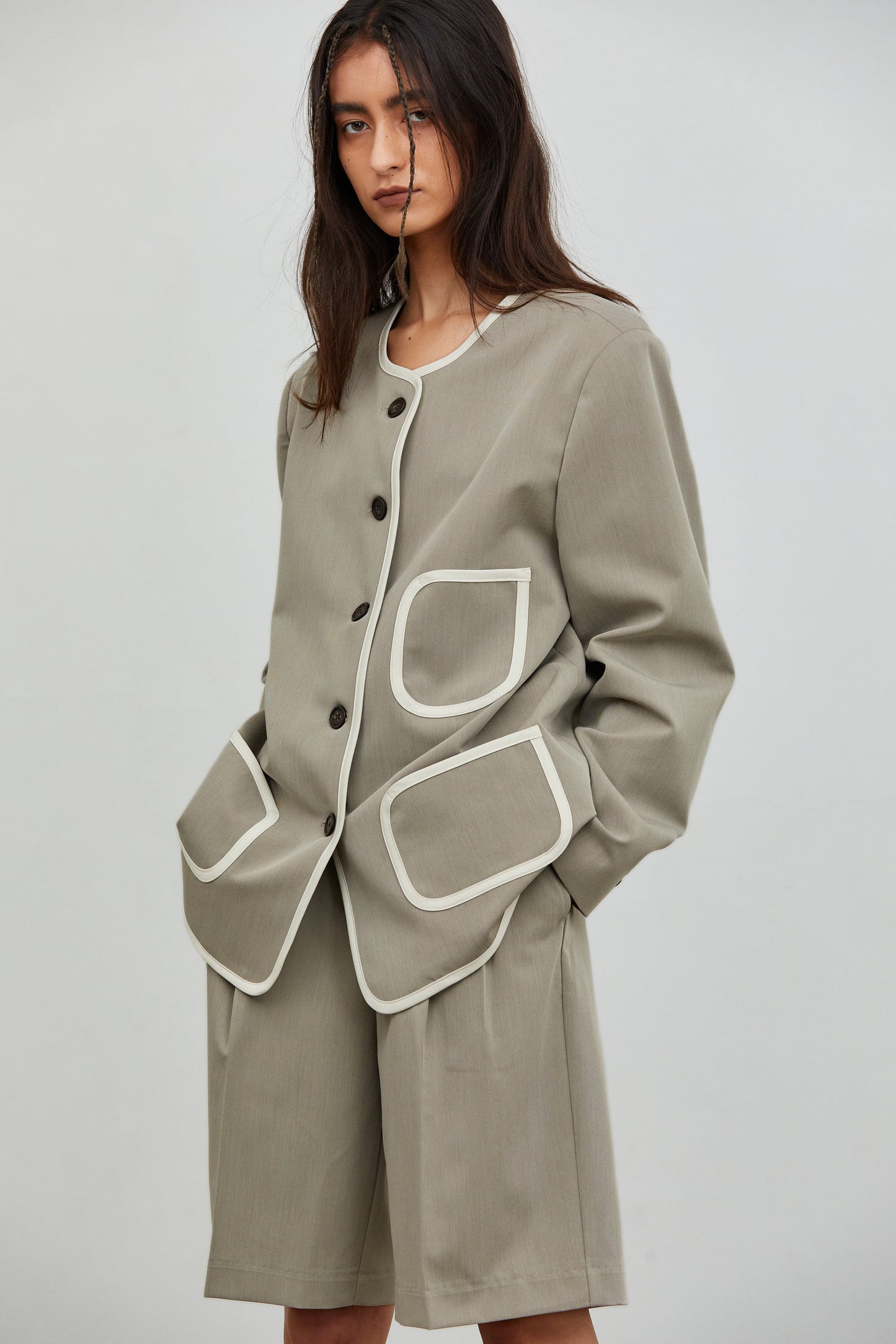 Collarless Contrast Line Blazer, Hazelwood