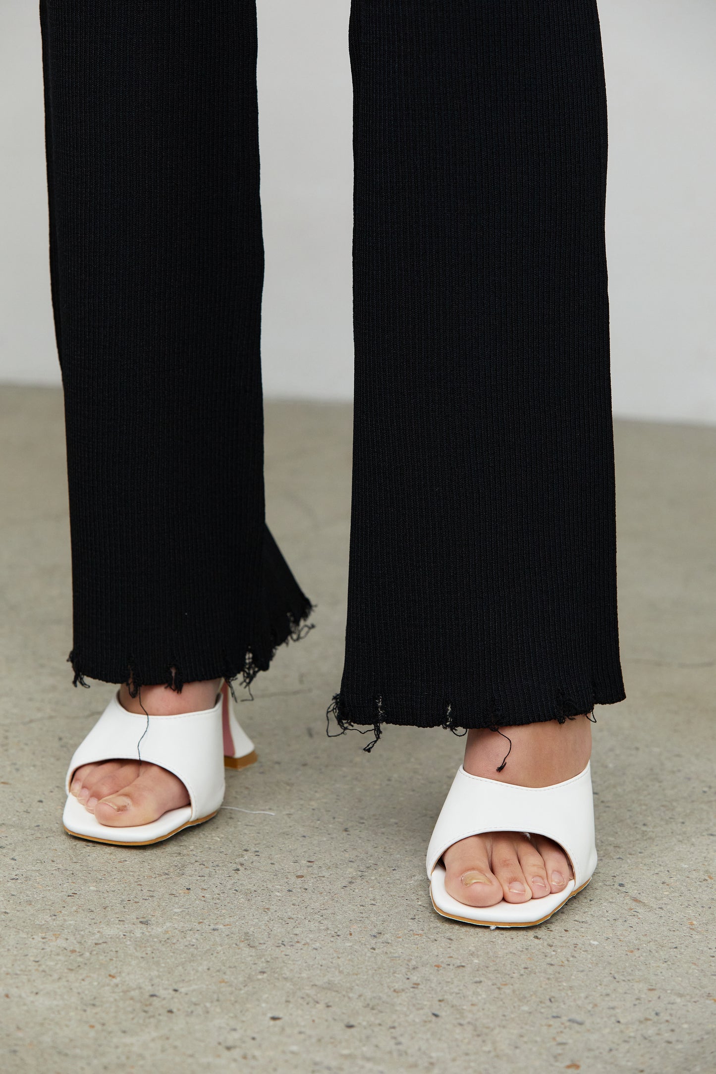 Full Length Frayed Hem Knit Pants, Midnight Black