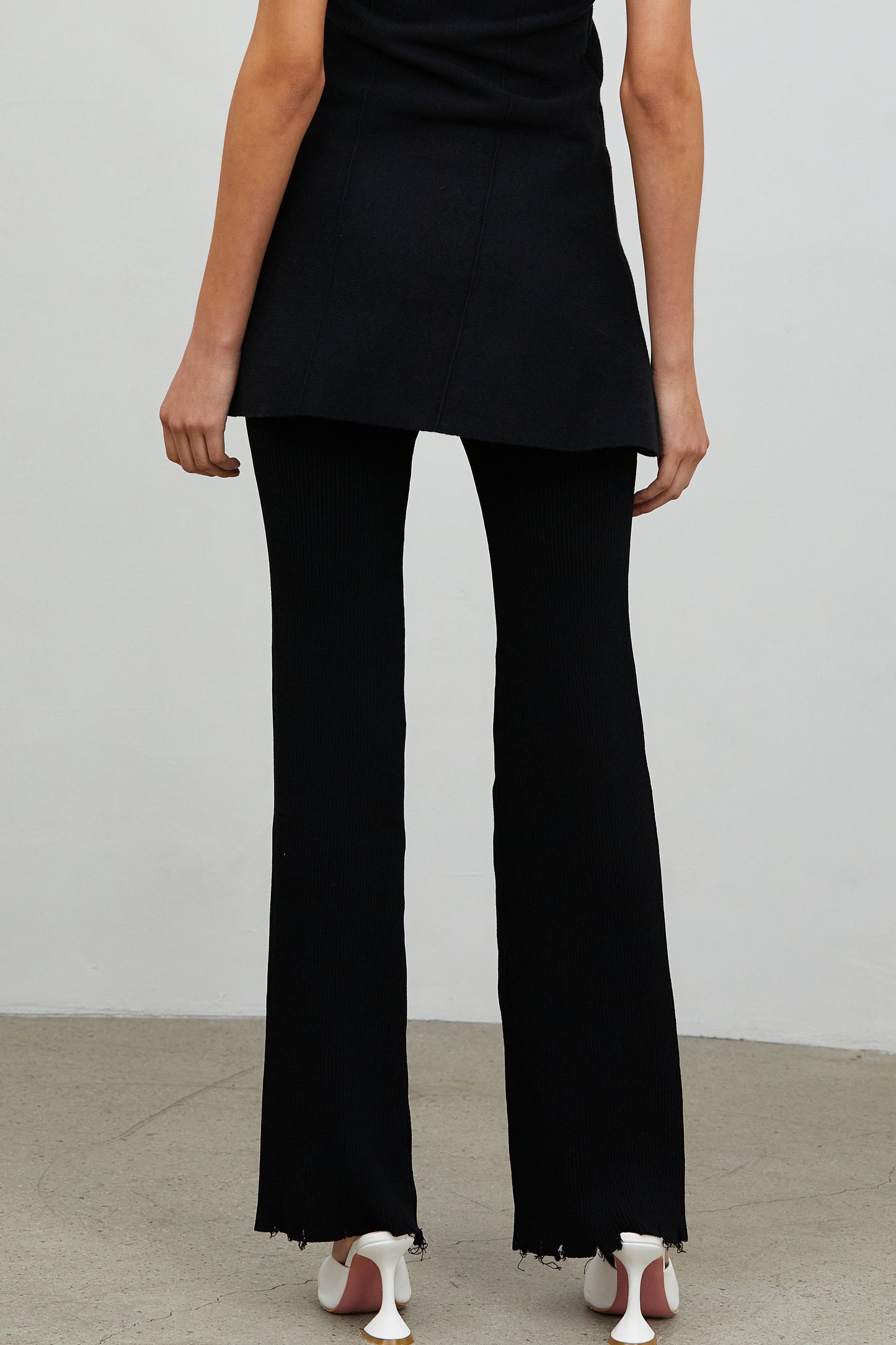 Full Length Frayed Hem Knit Pants, Midnight Black
