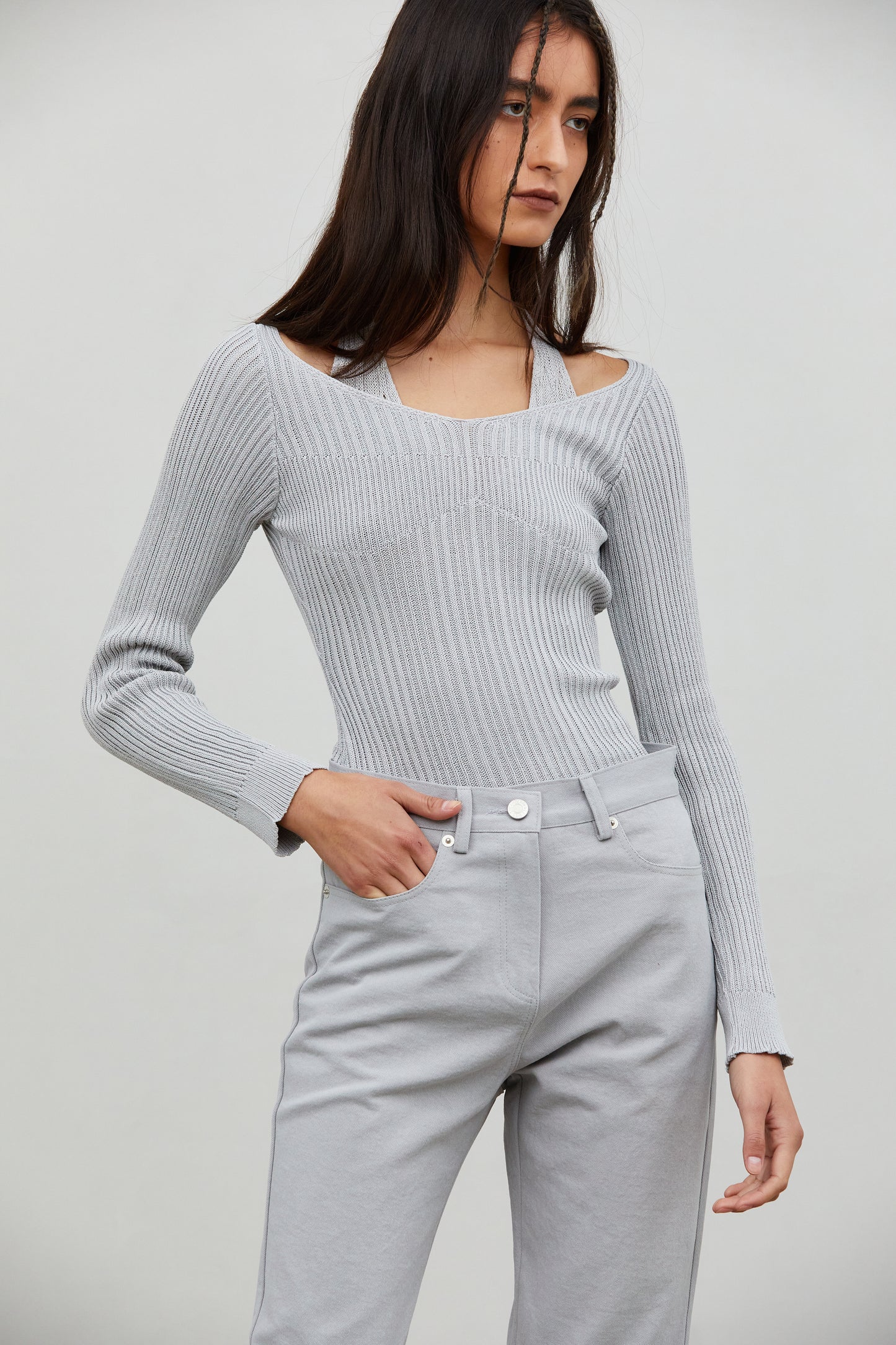 Duo Layered Tie Back Knit Top, Cloud Grey
