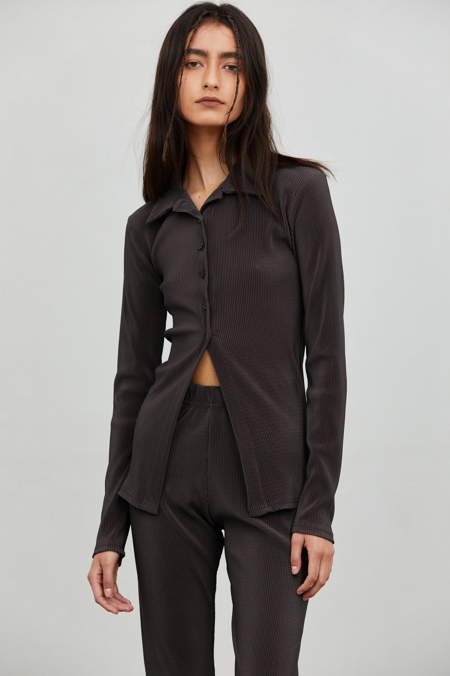 Half Button Ribbed Top, Chocolate Plum