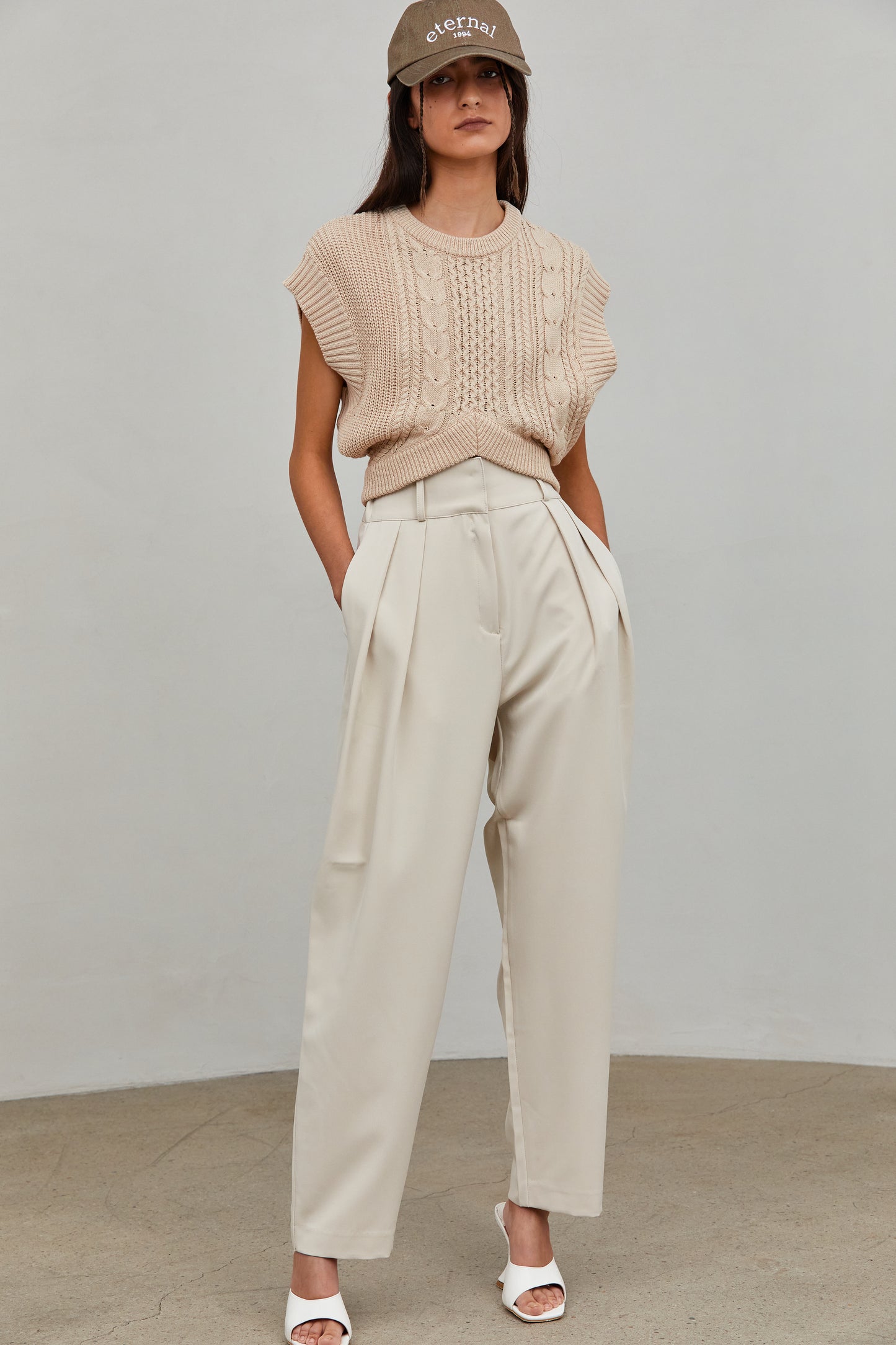 Crop Cable Knit Vest, Oat