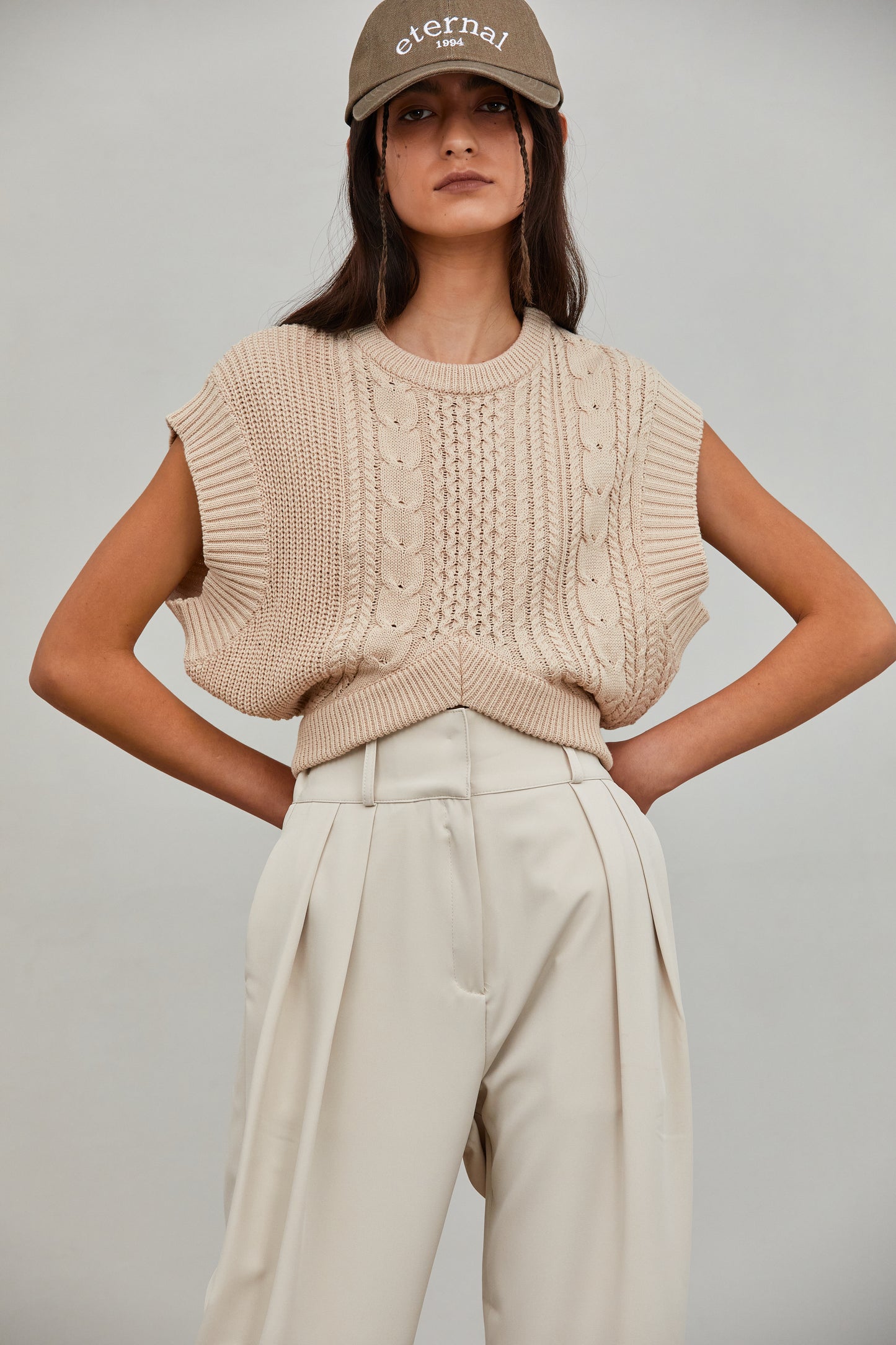 Crop Cable Knit Vest, Oat