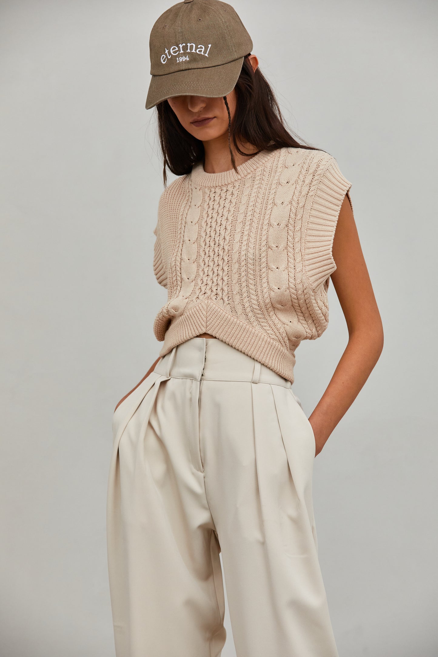 Crop Cable Knit Vest, Oat