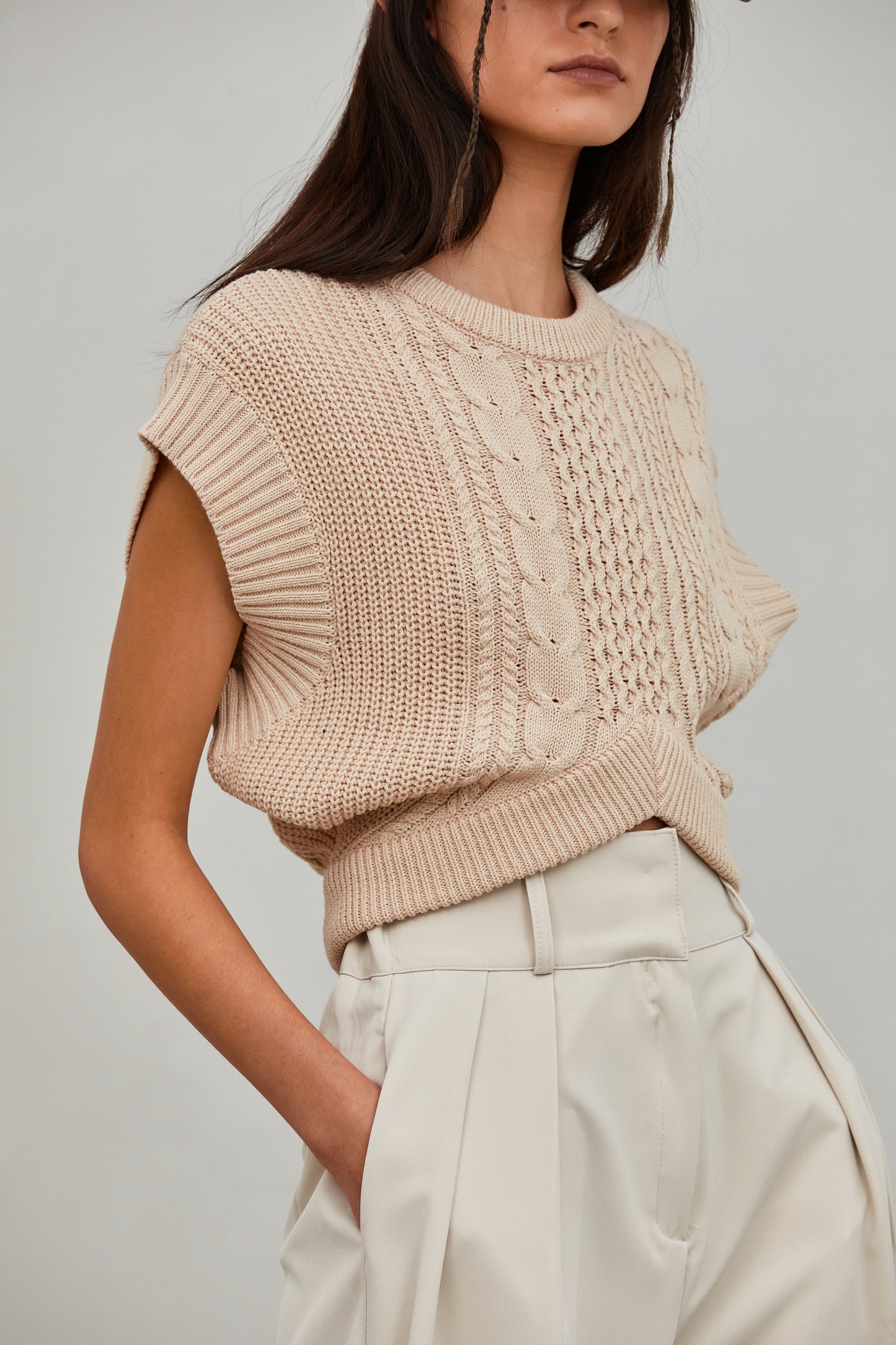Crop Cable Knit Vest, Oat
