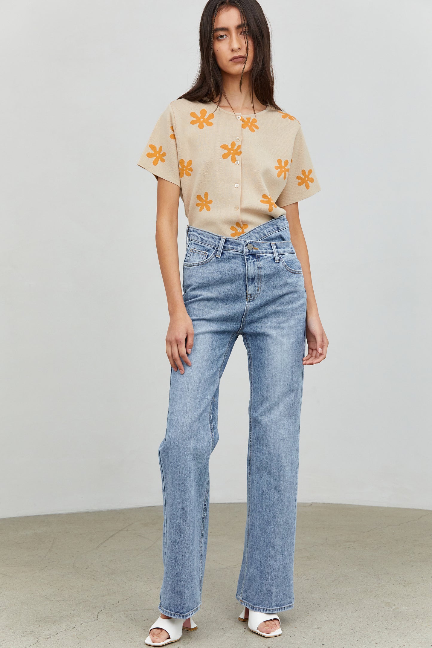 Straight Leg Criss Cross Waist Jeans, Blue