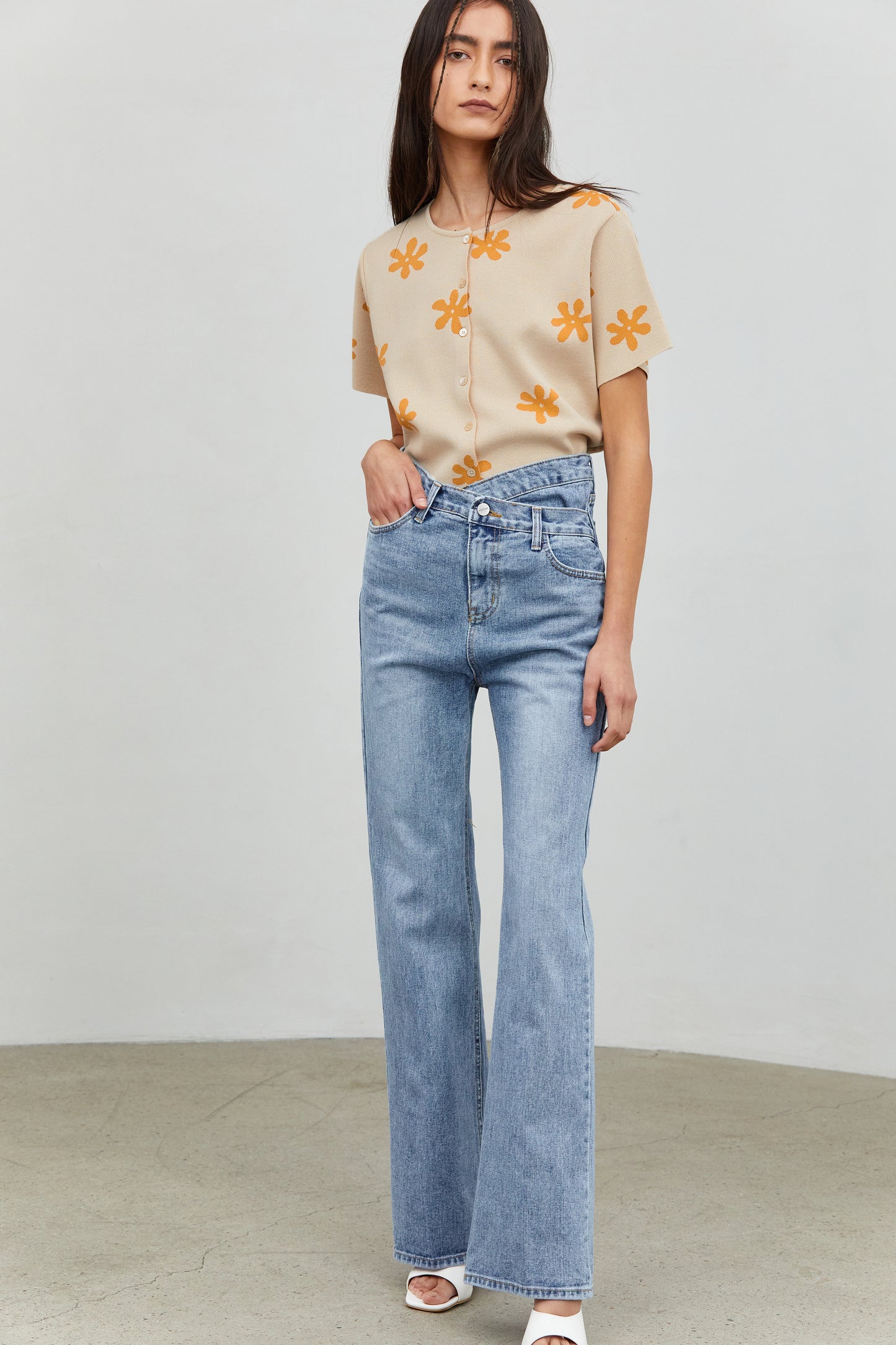 Straight Leg Criss Cross Waist Jeans, Blue