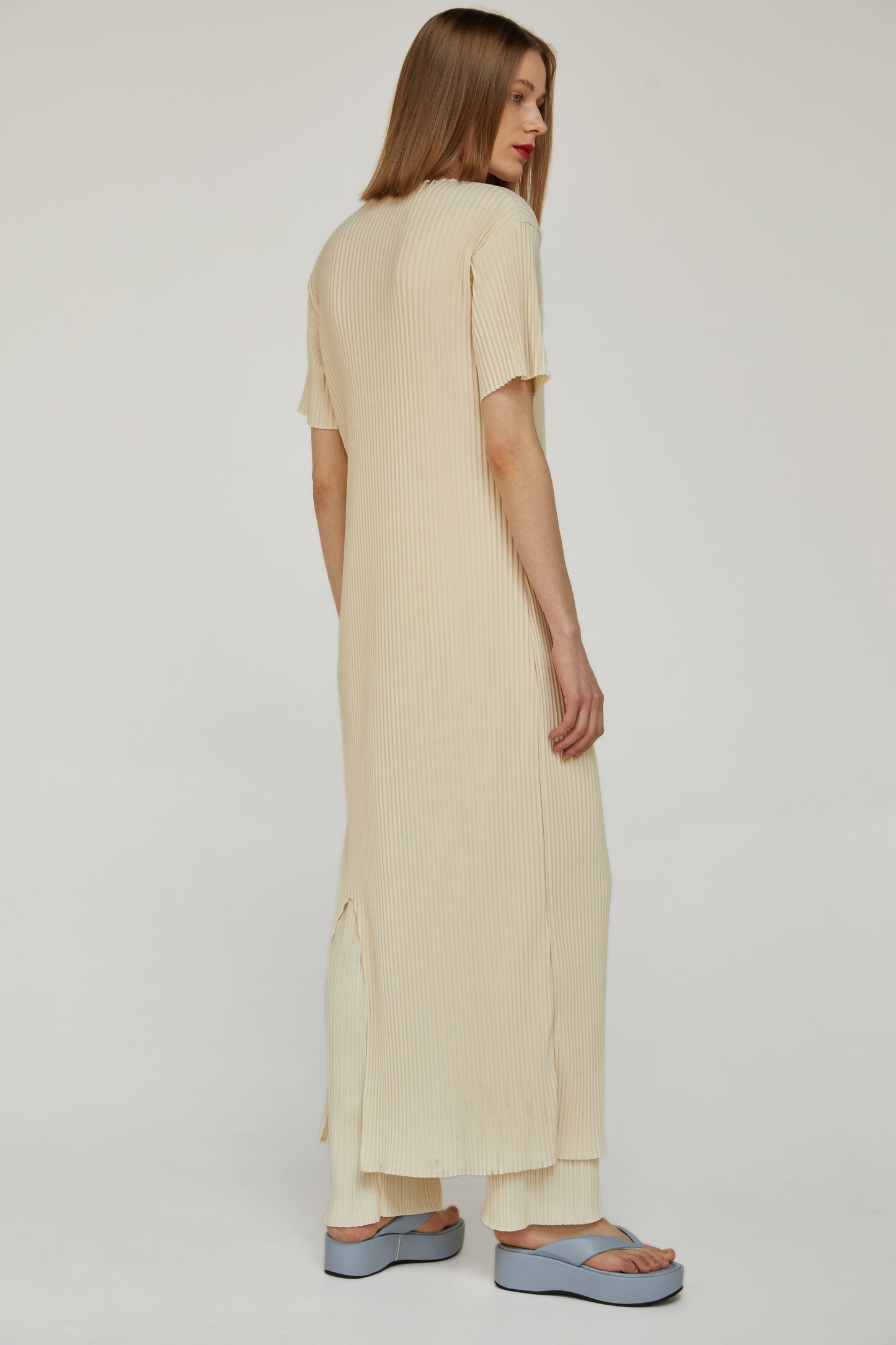3 Piece Pleated Shrug Dress & Pants Set, Eggshell