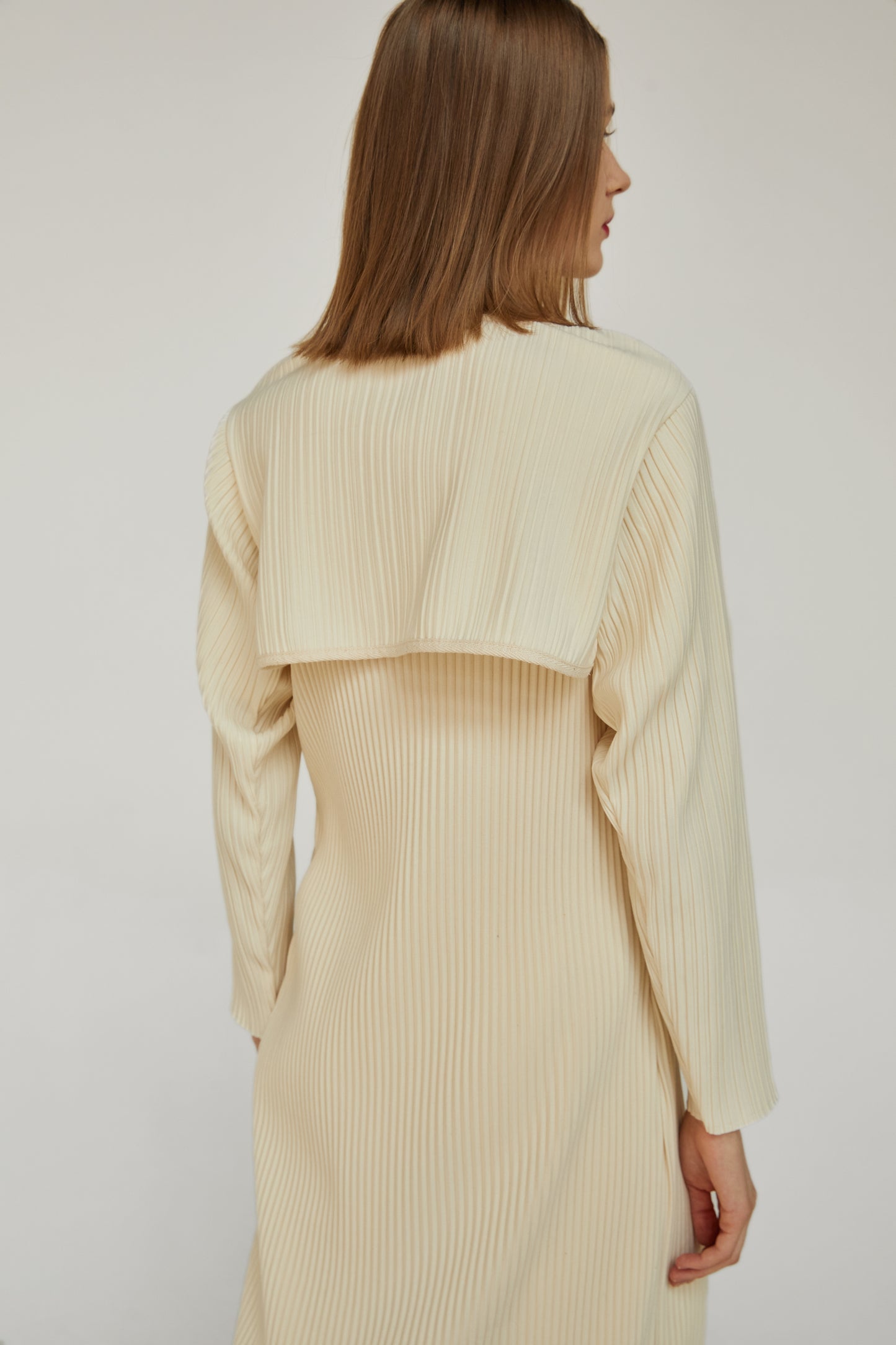 3 Piece Pleated Shrug Dress & Pants Set, Eggshell