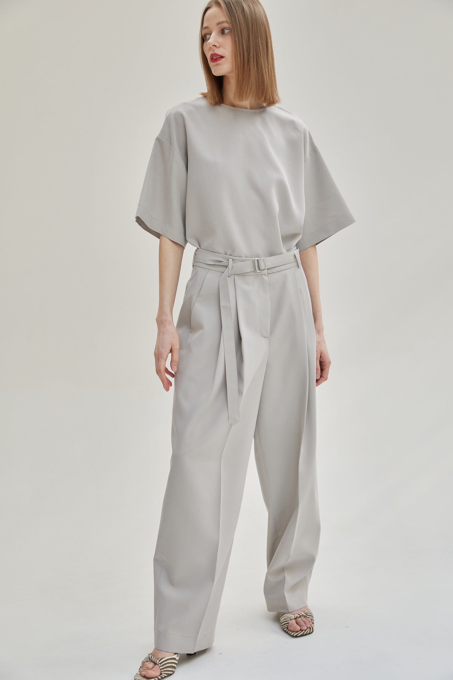 Relaxed Belt Suit Trousers, Ash Gray