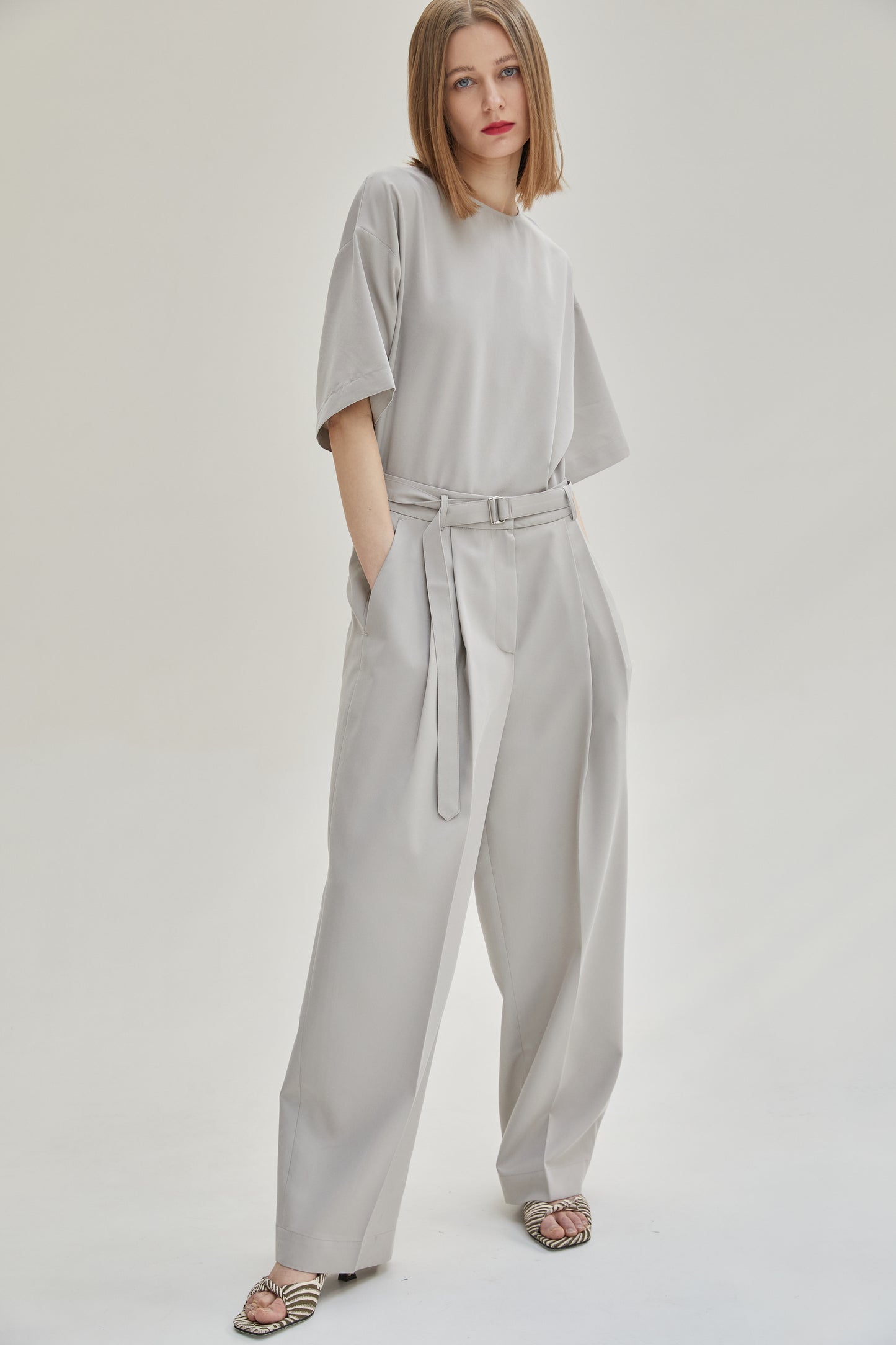 Relaxed Belt Suit Trousers, Ash Gray