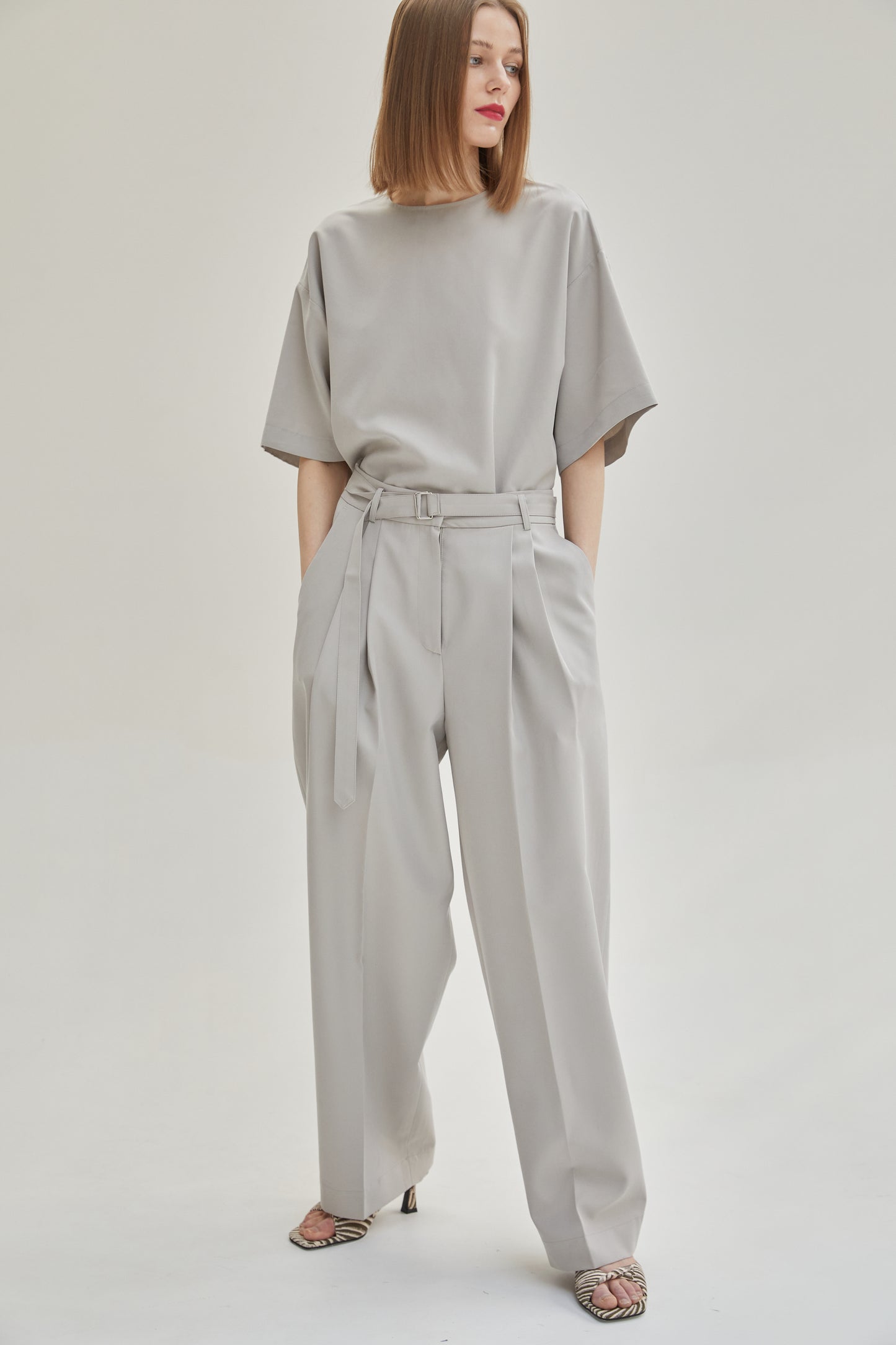 Relaxed Belt Suit Trousers, Ash Gray