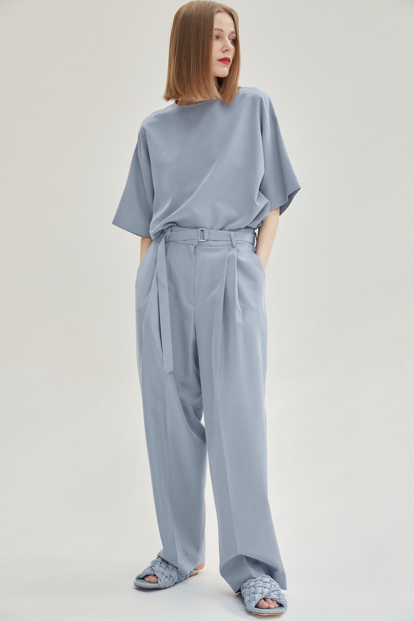 Relaxed Belt Suit Trousers, Steel Blue