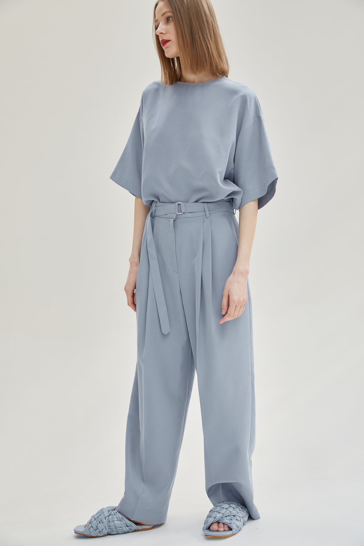 Relaxed Belt Suit Trousers, Steel Blue
