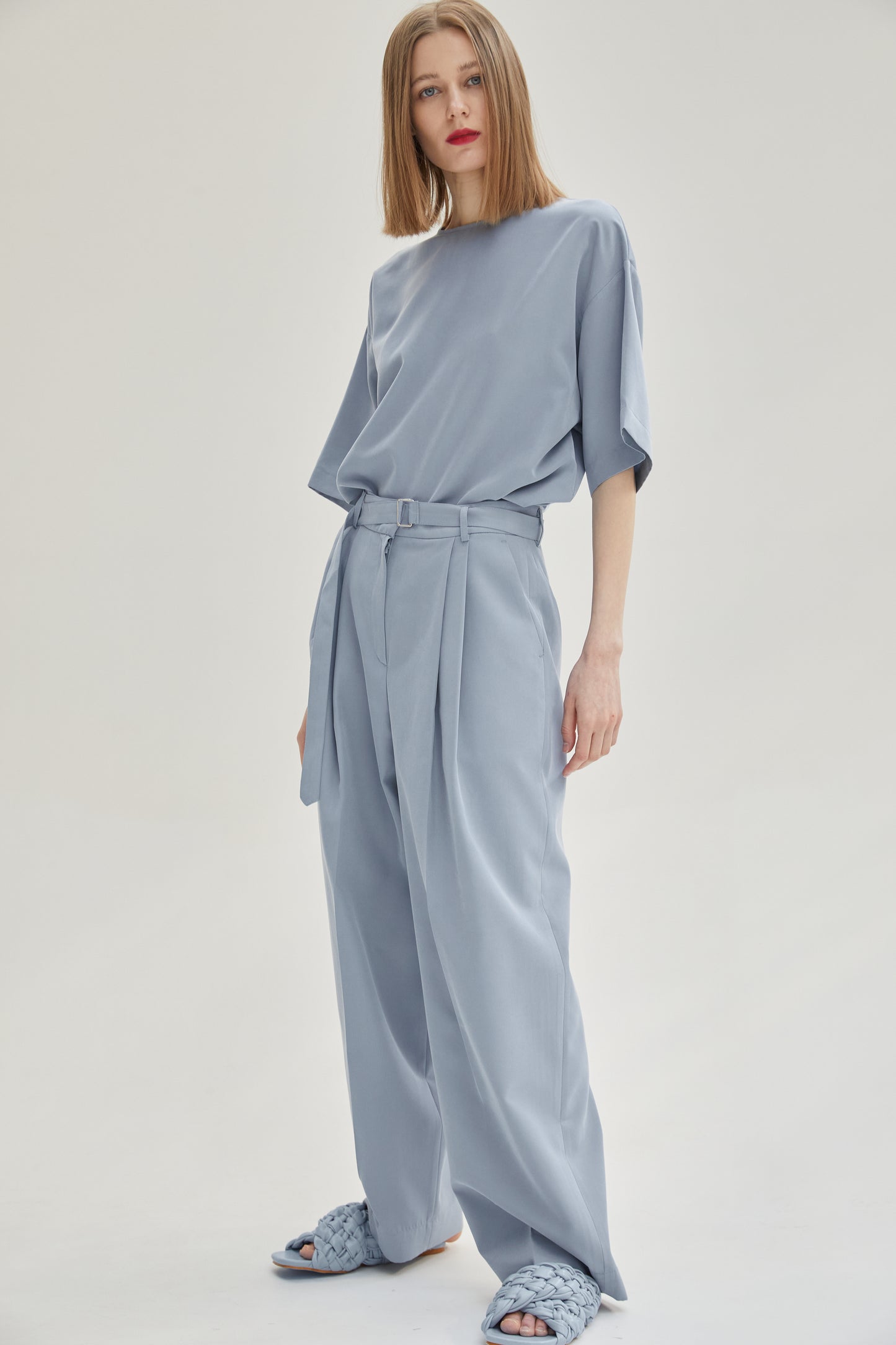 Relaxed Belt Suit Trousers, Steel Blue