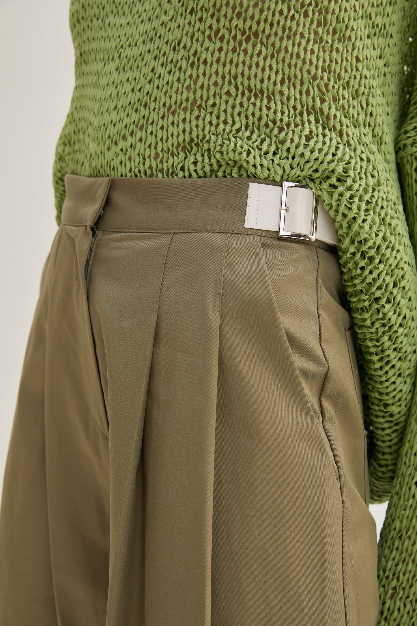 Side Belted Tabs Wide Trousers, Khaki Brown