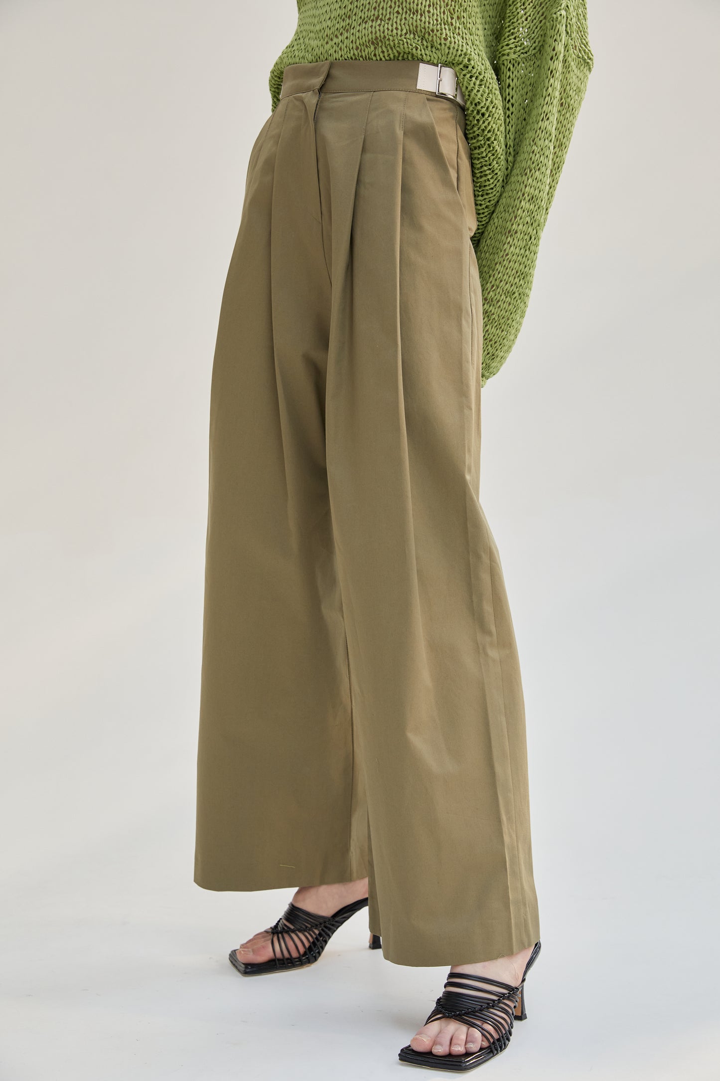 Side Belted Tabs Wide Trousers, Khaki Brown