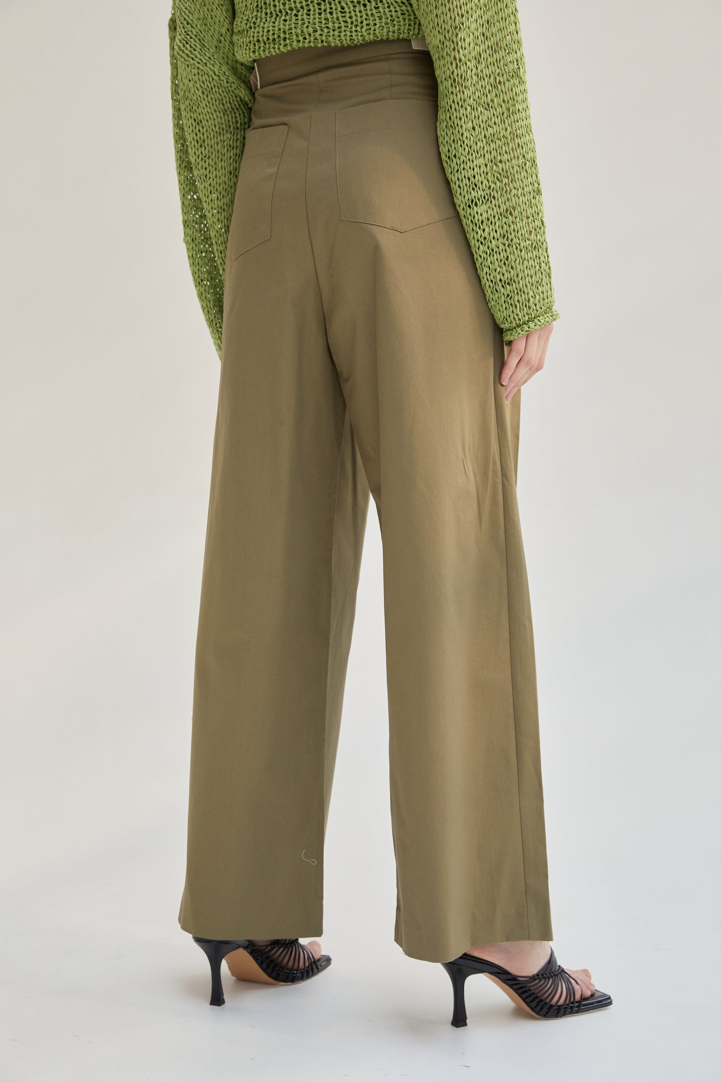 Side Belted Tabs Wide Trousers, Khaki Brown