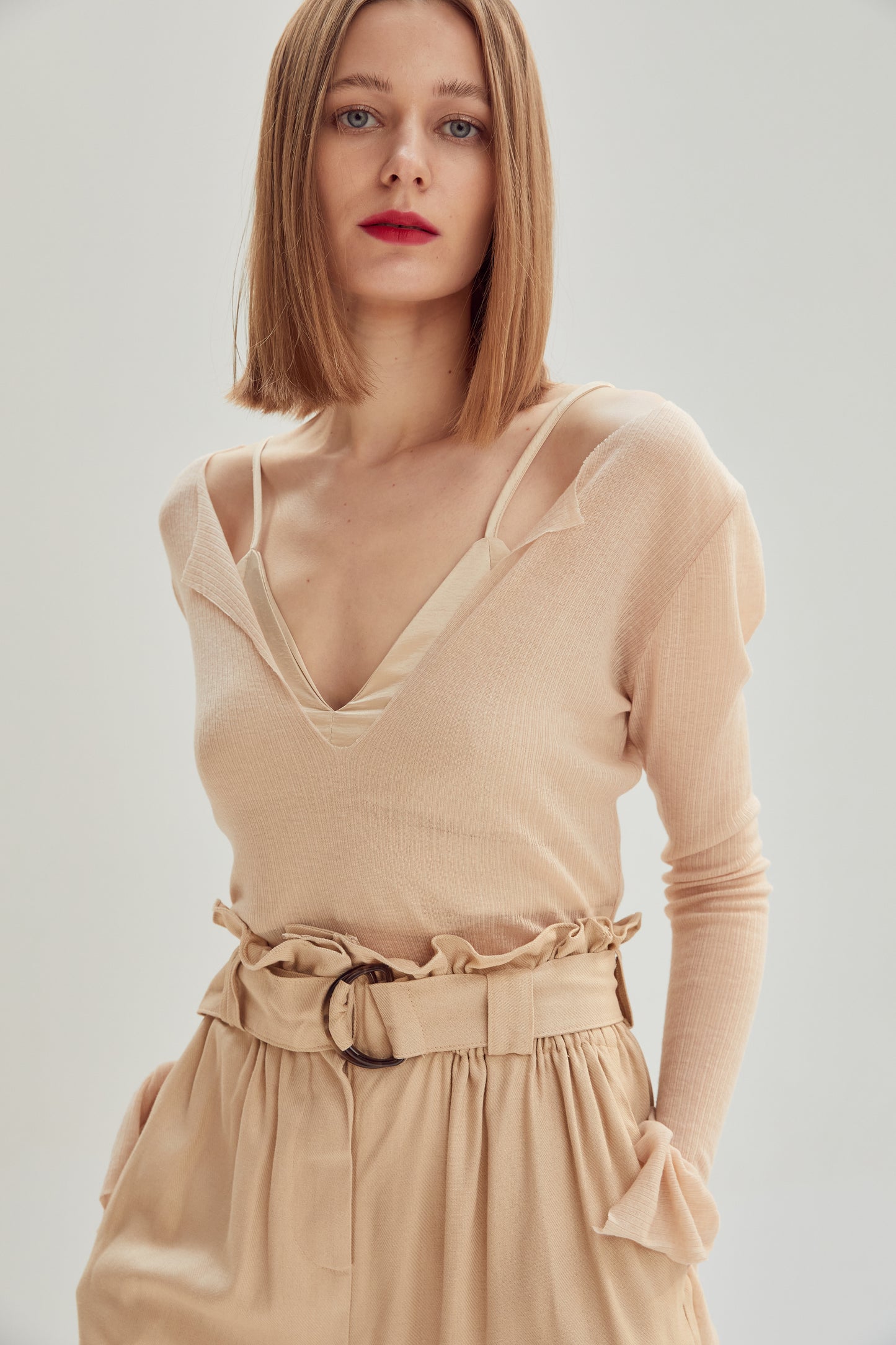 Deep Open Neck See Through Rib Top, Nude