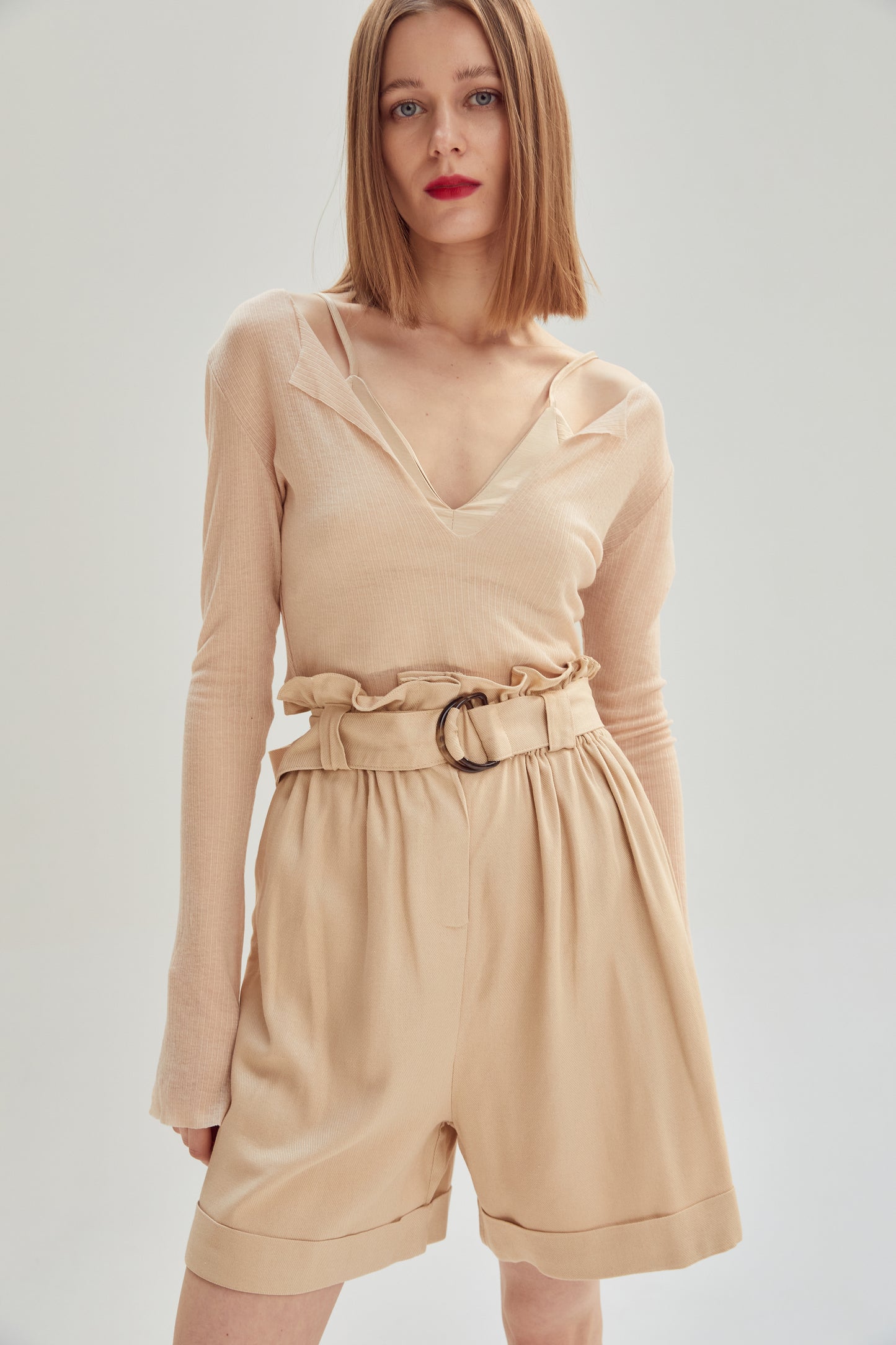 Deep Open Neck See Through Rib Top, Nude