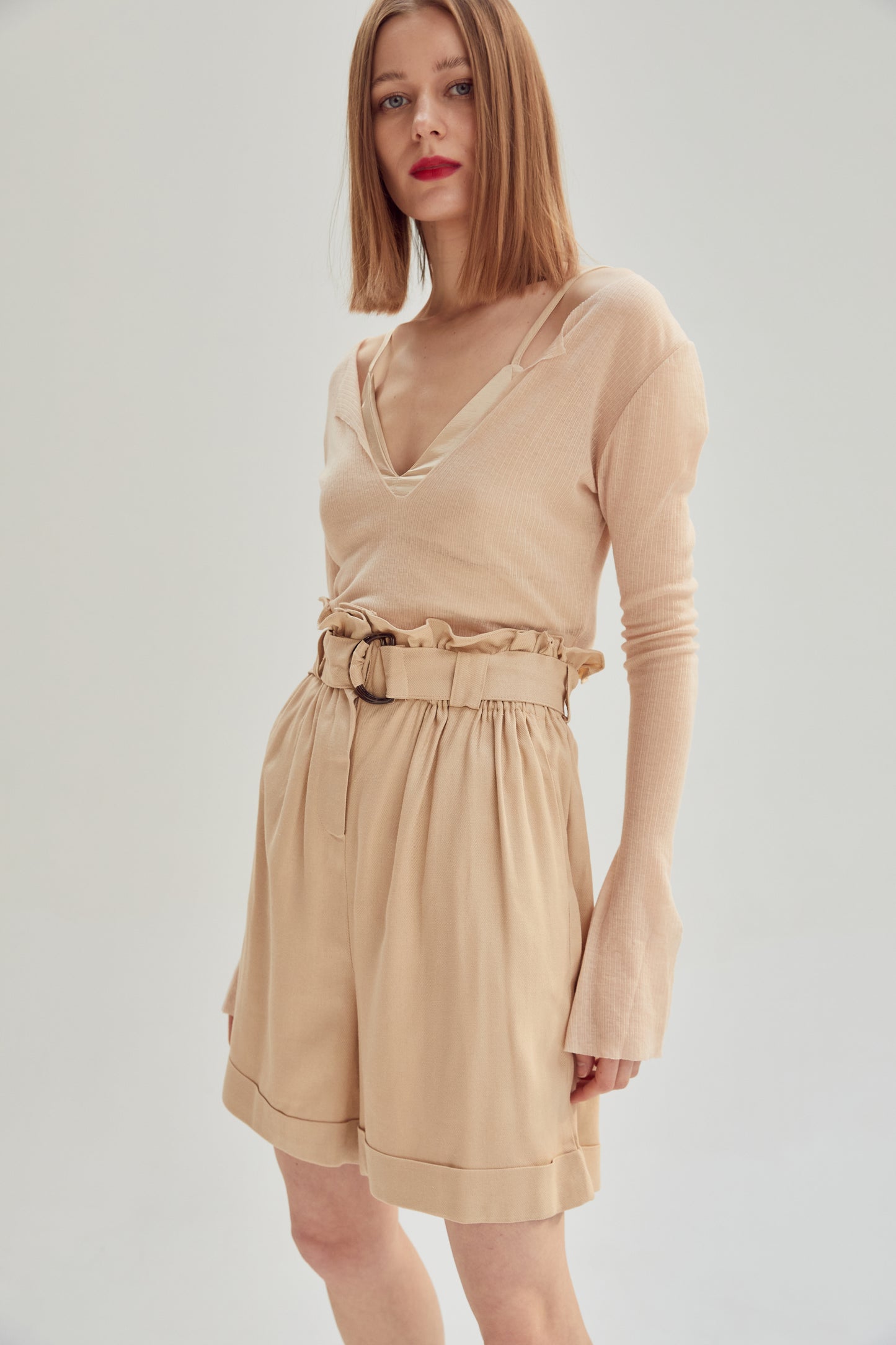 Deep Open Neck See Through Rib Top, Nude