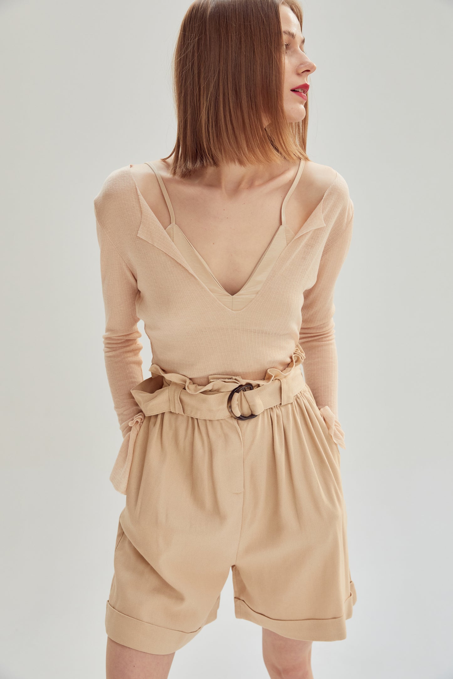 Deep Open Neck See Through Rib Top, Nude