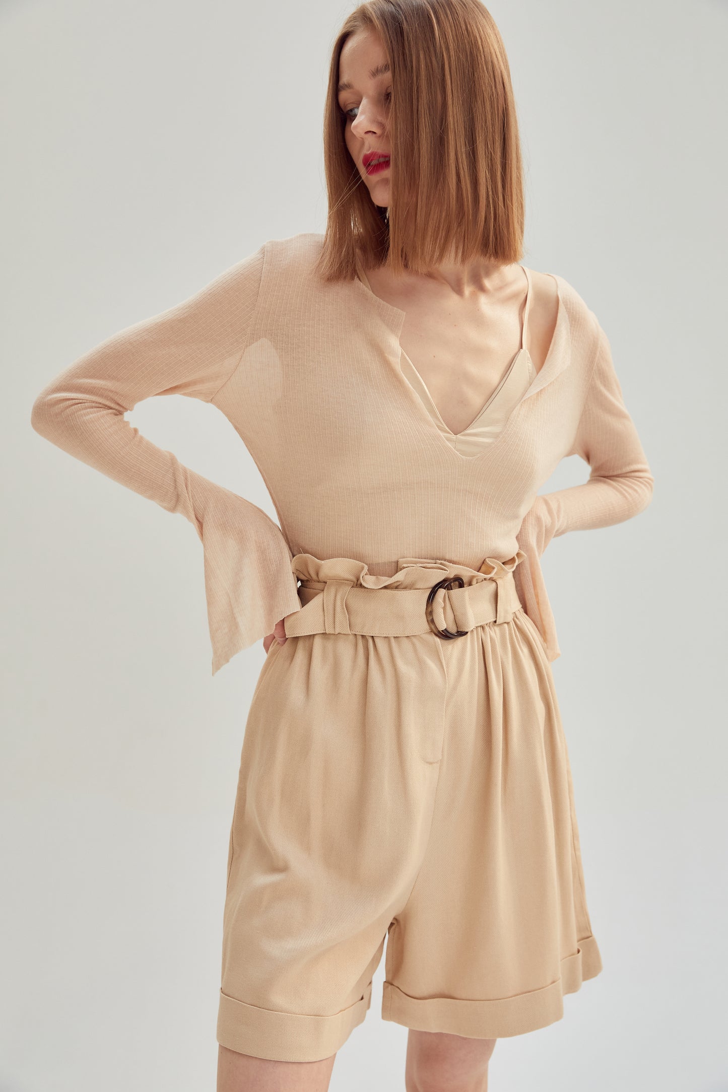 Deep Open Neck See Through Rib Top, Nude