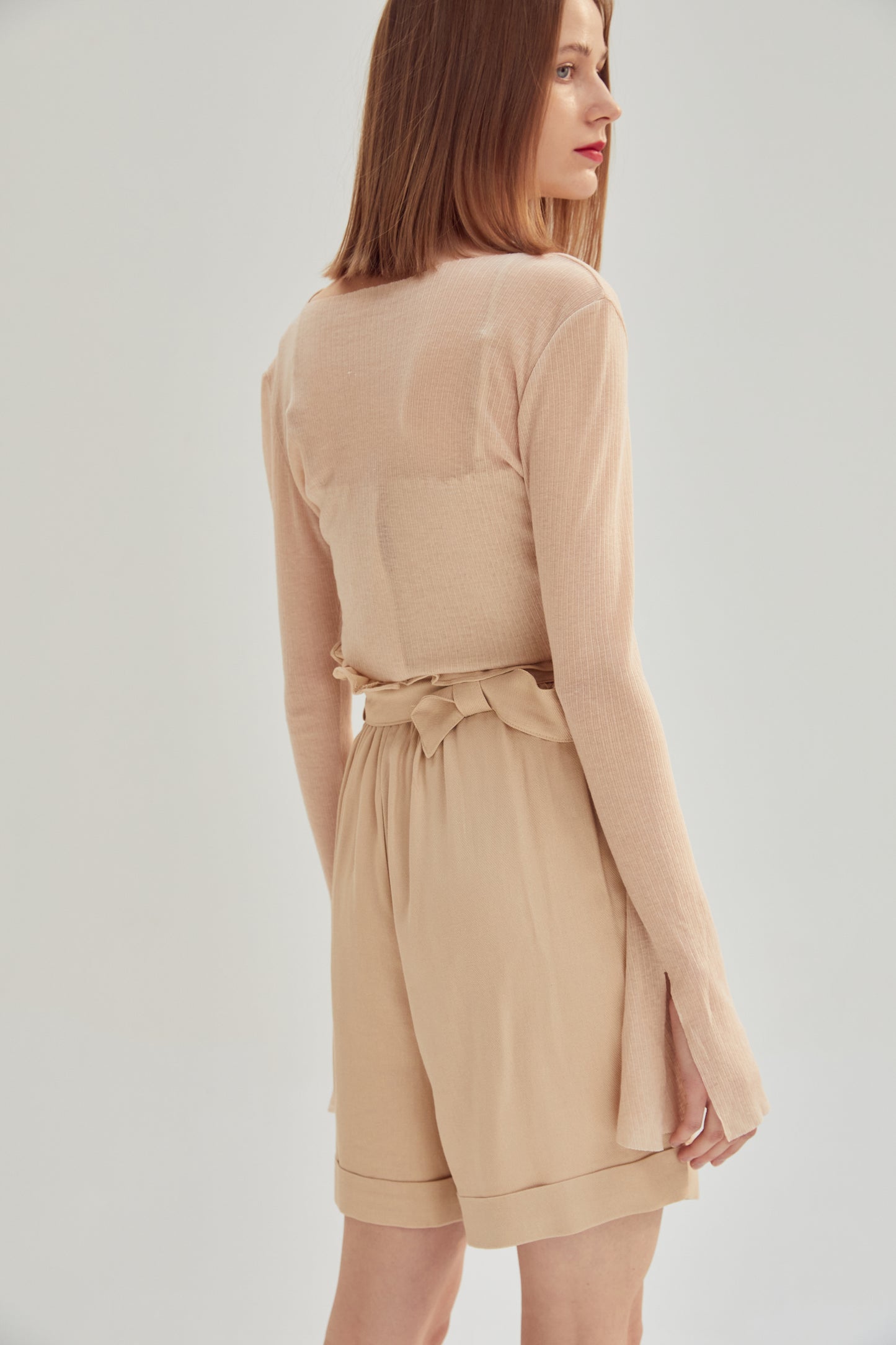 Deep Open Neck See Through Rib Top, Nude