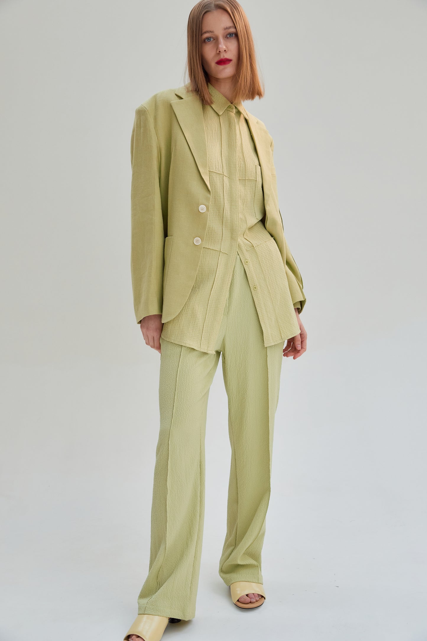 Concealed Button Linen Blazer Jacket, Pear