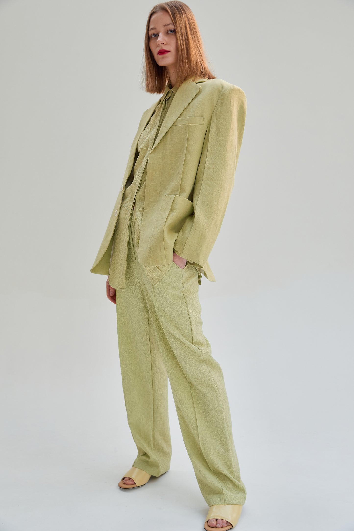 Concealed Button Linen Blazer Jacket, Pear