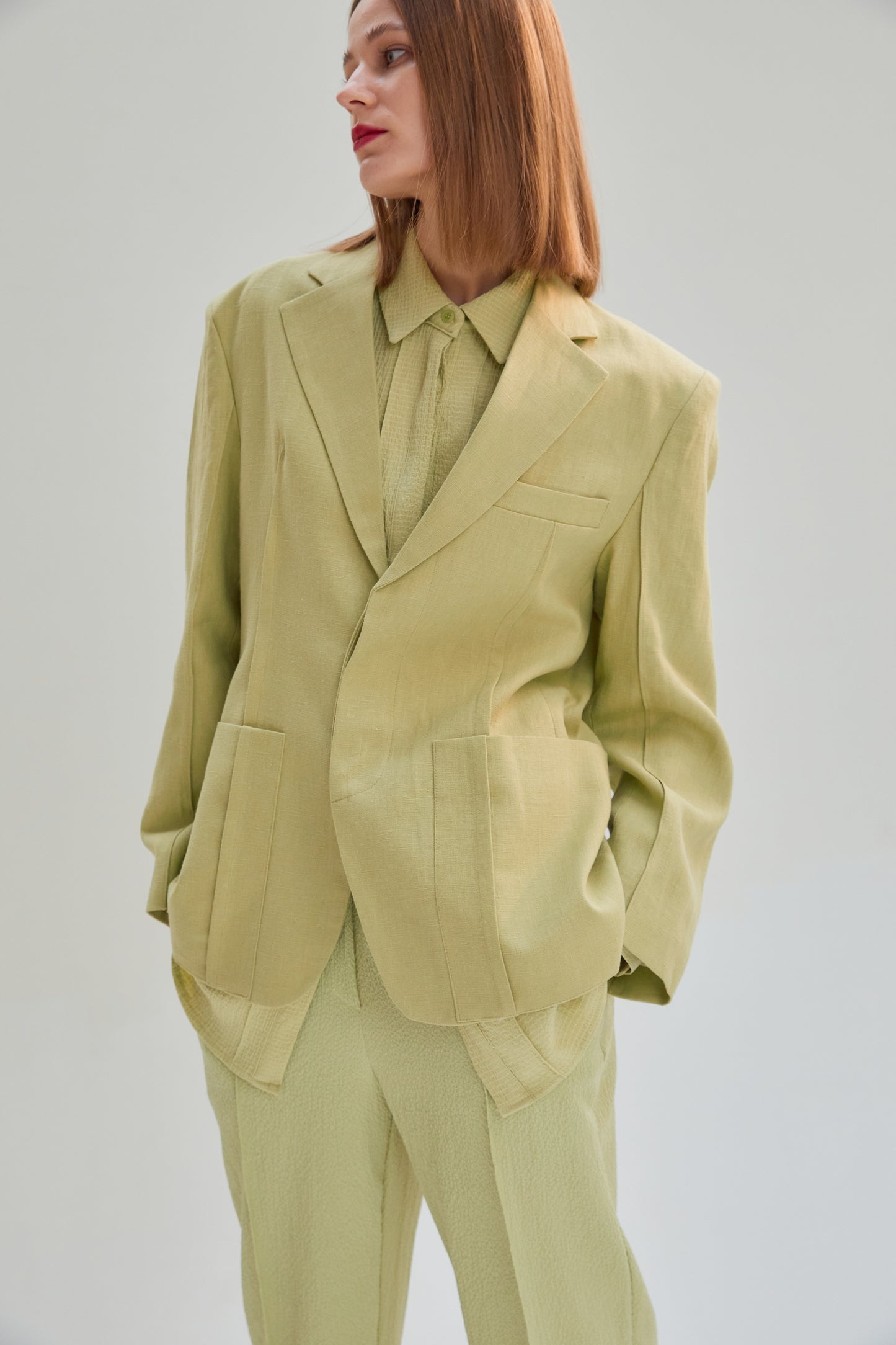 Concealed Button Linen Blazer Jacket, Pear