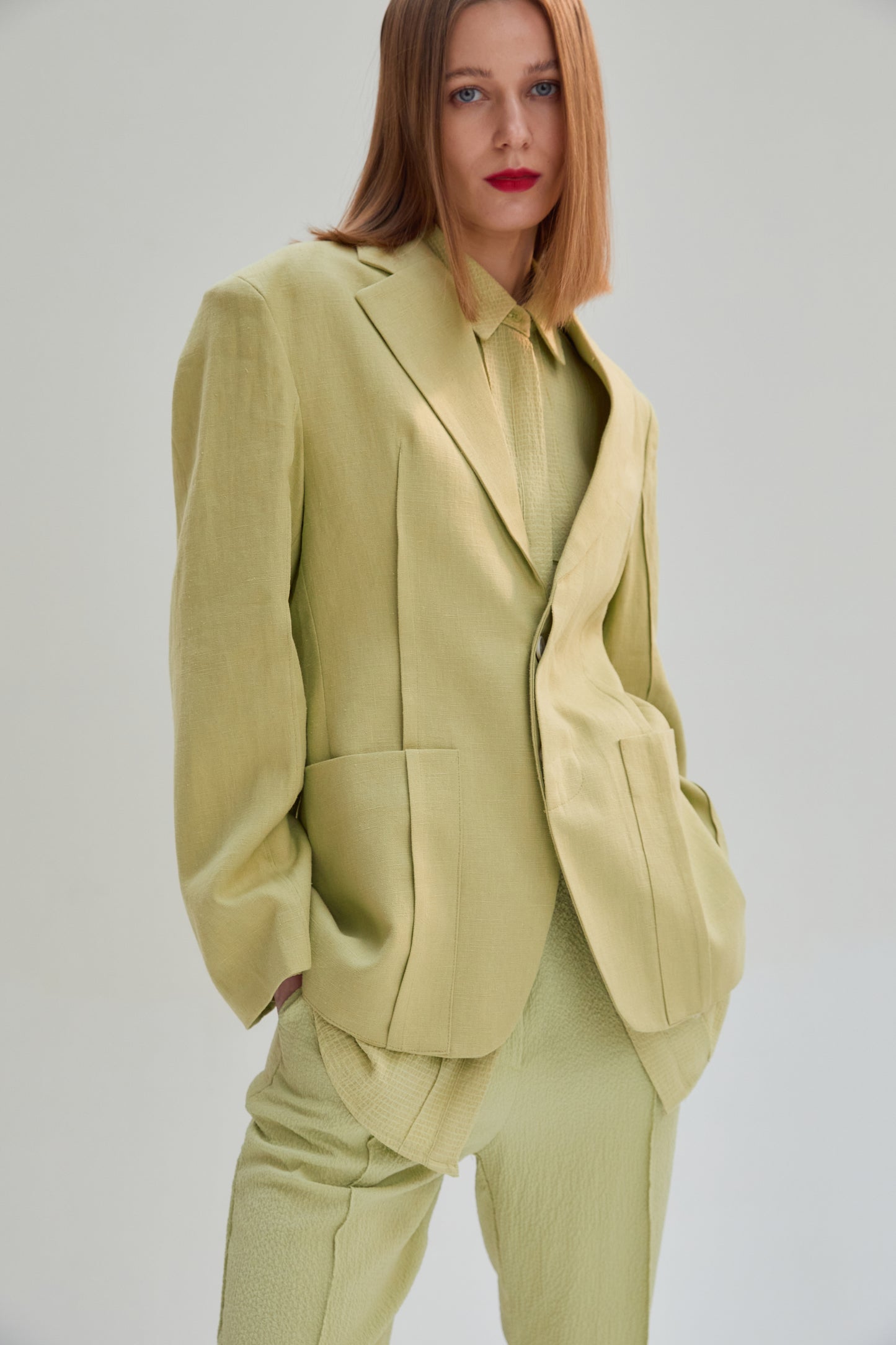 Concealed Button Linen Blazer Jacket, Pear