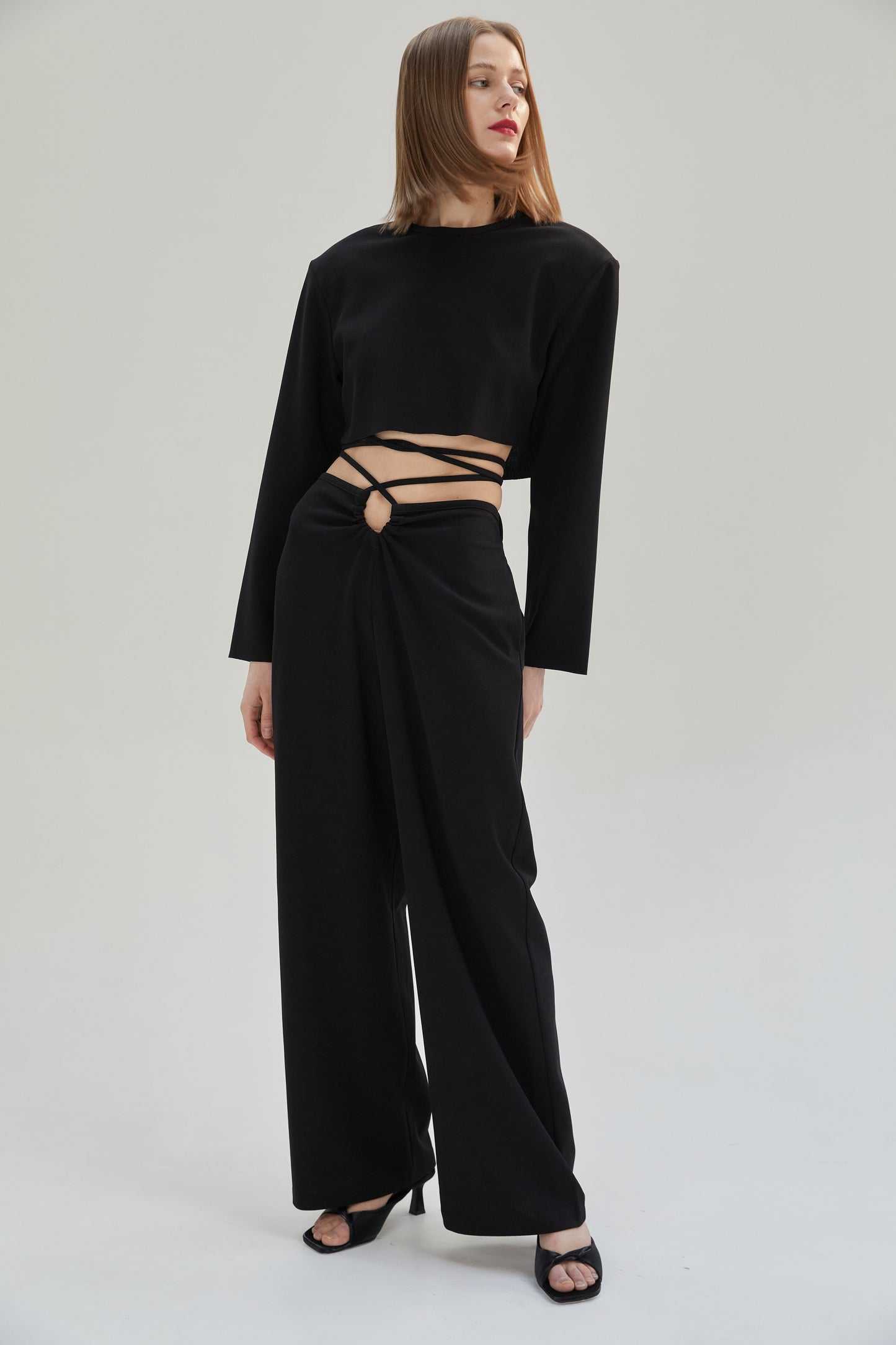 Padded Shoulder Crop Blouse, Midnight Black