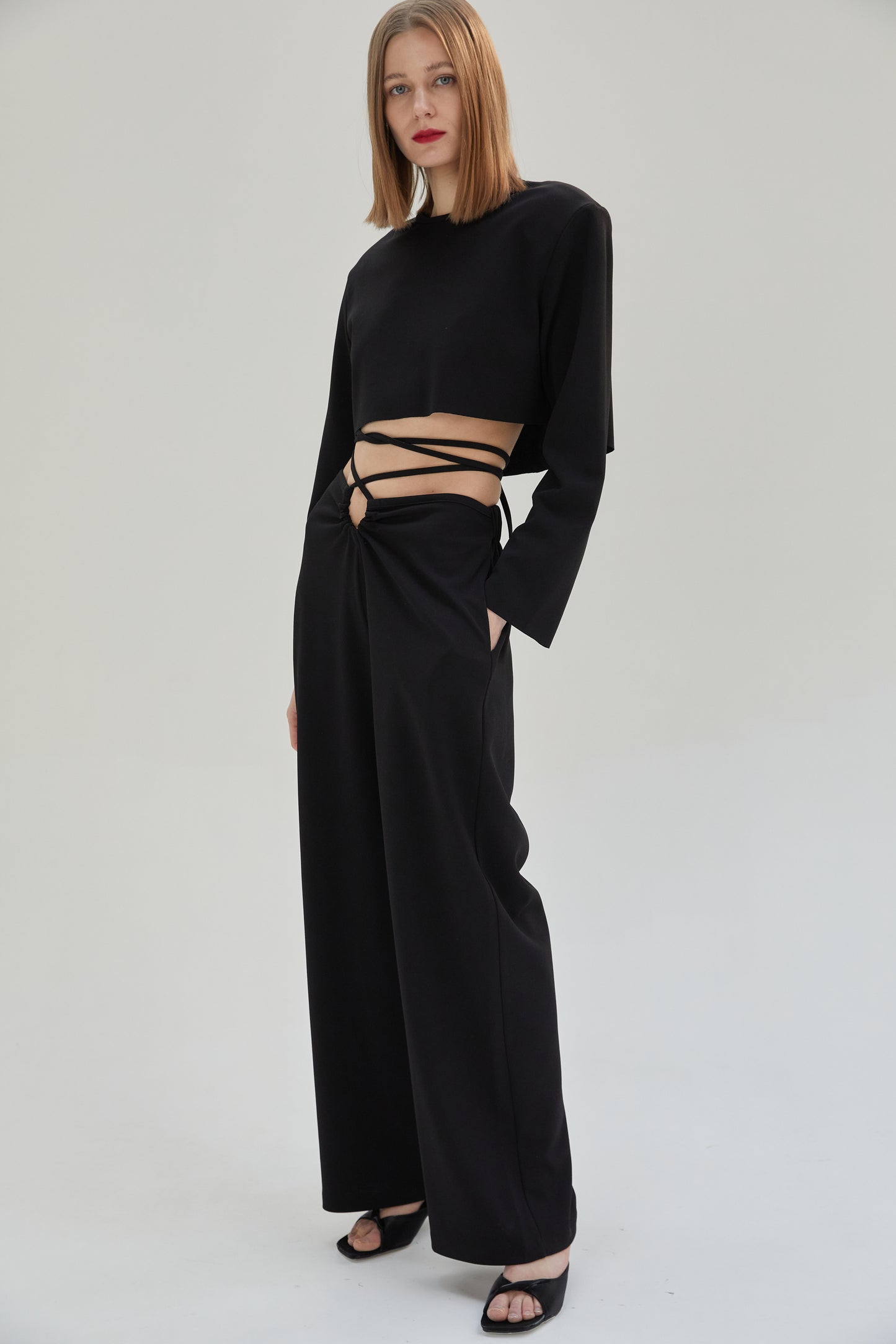 Ruched Tie Waist Trousers, Midnight Black