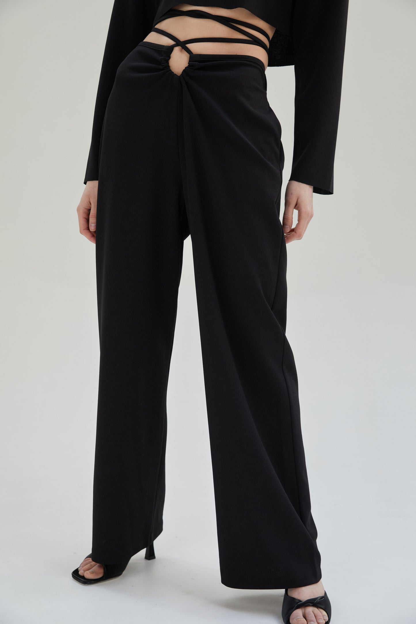 Ruched Tie Waist Trousers, Midnight Black