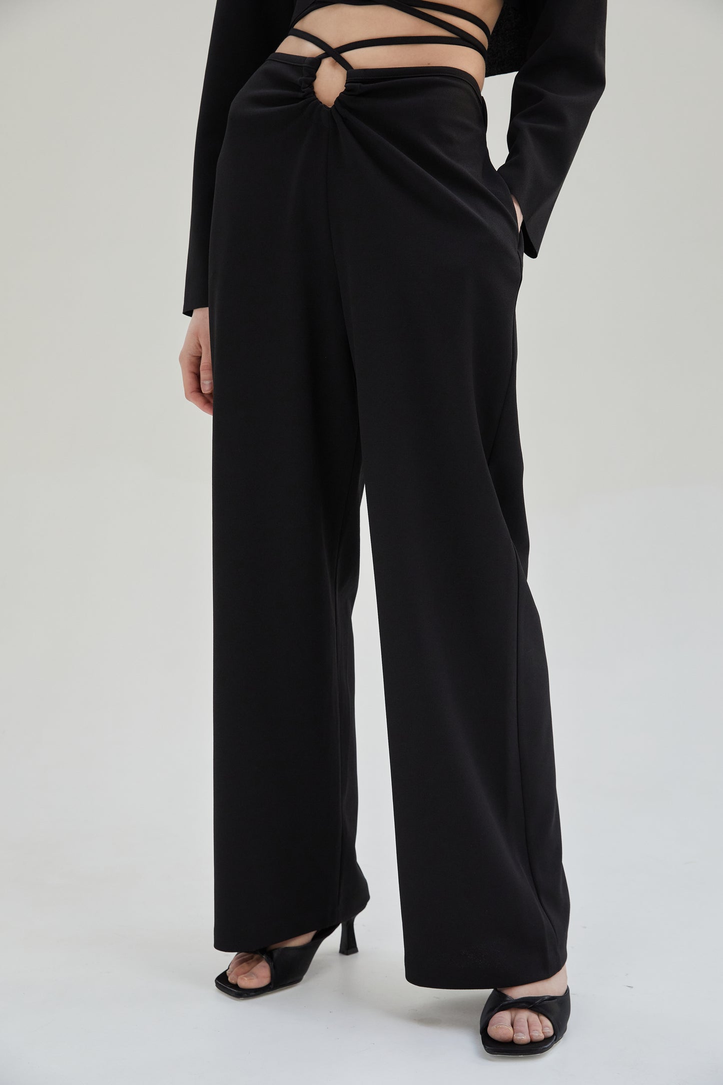 Ruched Tie Waist Trousers, Midnight Black