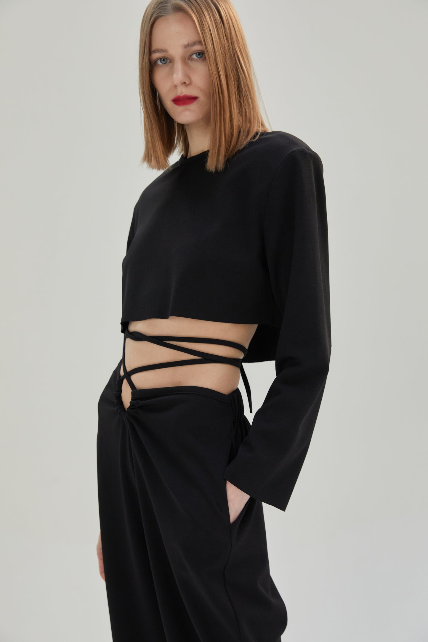 Padded Shoulder Crop Blouse, Midnight Black