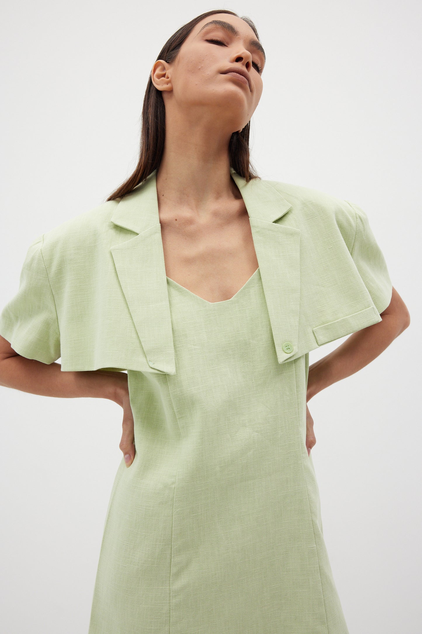 Mini Cropped Linen Blazer, Avocado
