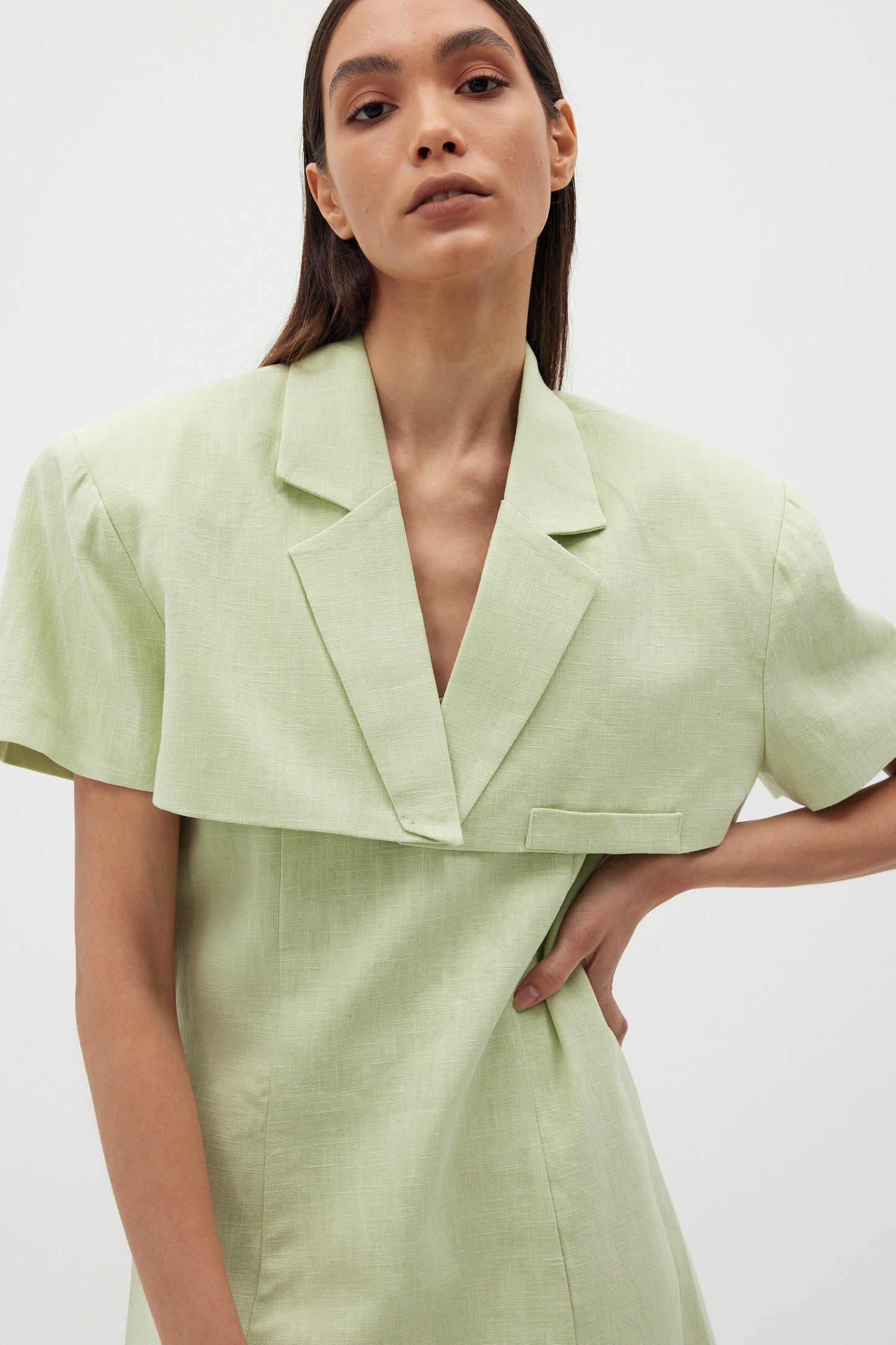 Mini Cropped Linen Blazer, Avocado