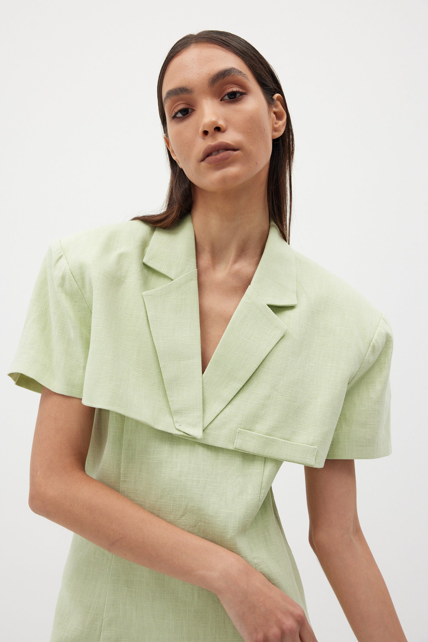 Mini Cropped Linen Blazer, Avocado
