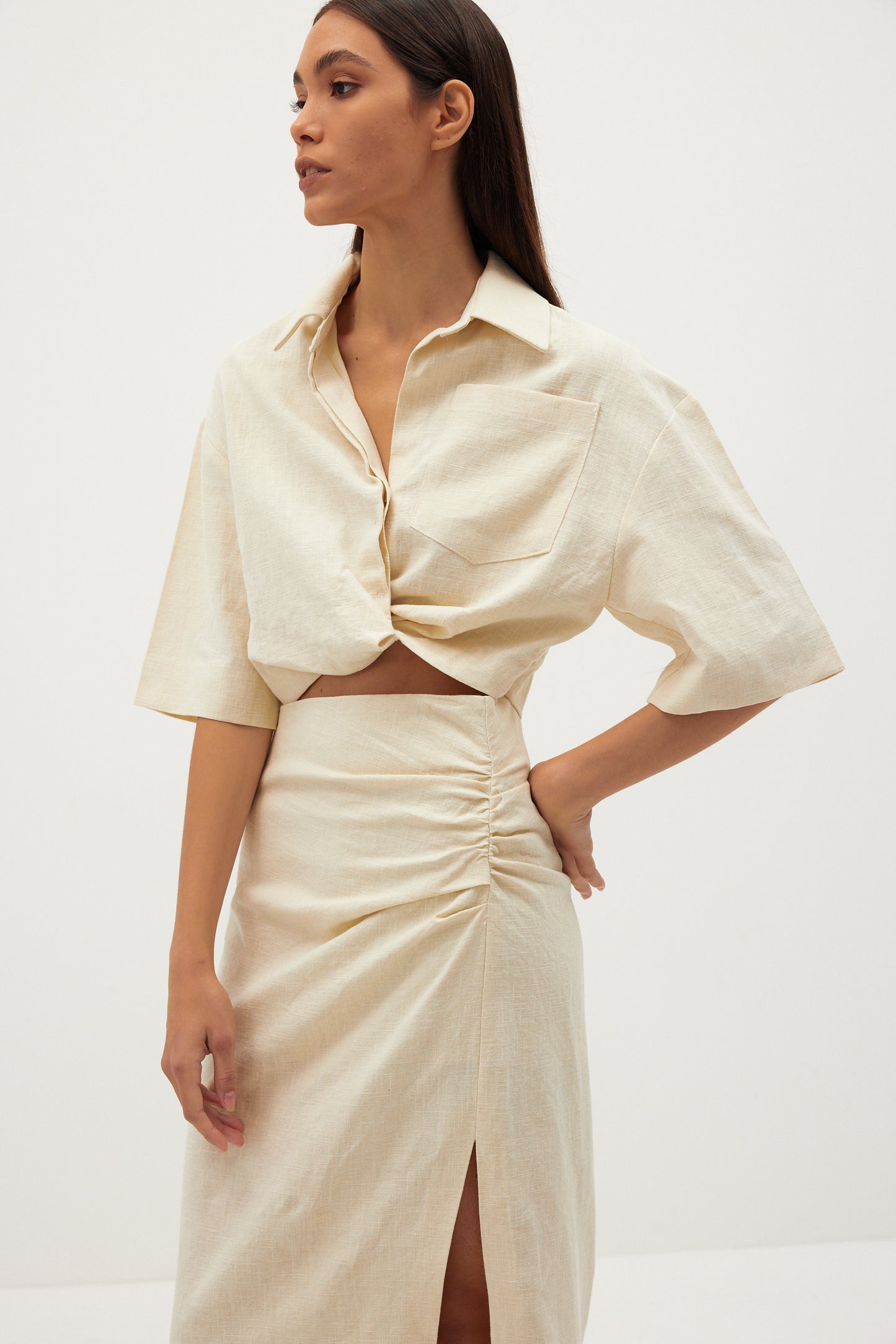 Crop Linen Shirt, Eggshell
