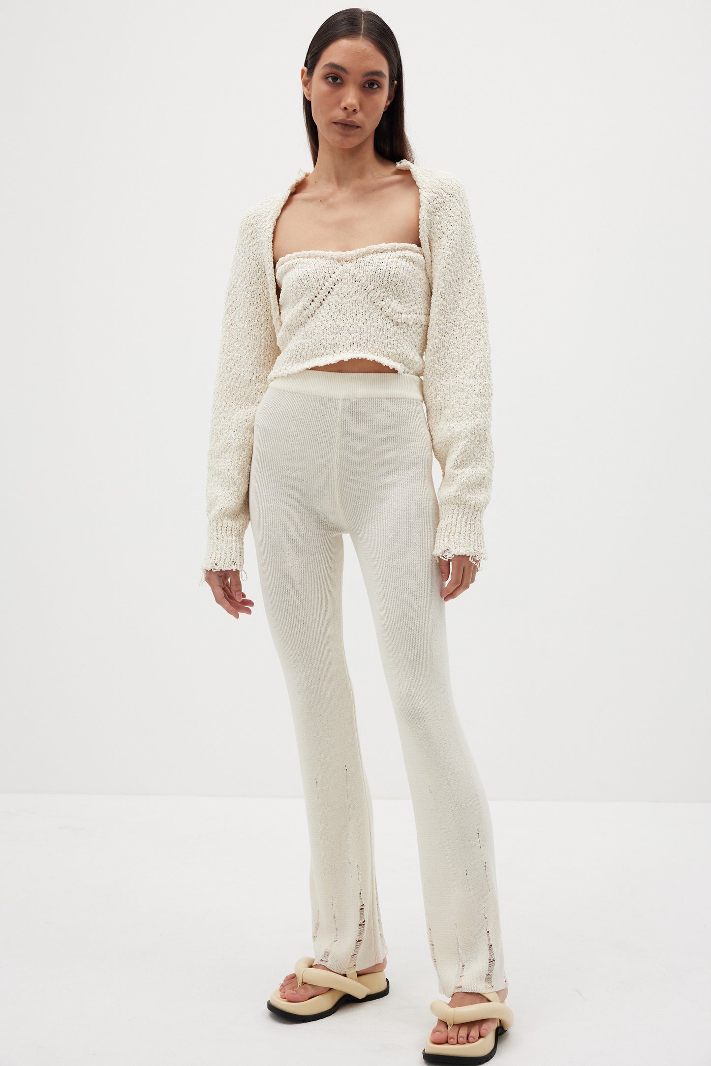 Frayed Hem Knitted Pants, Cream