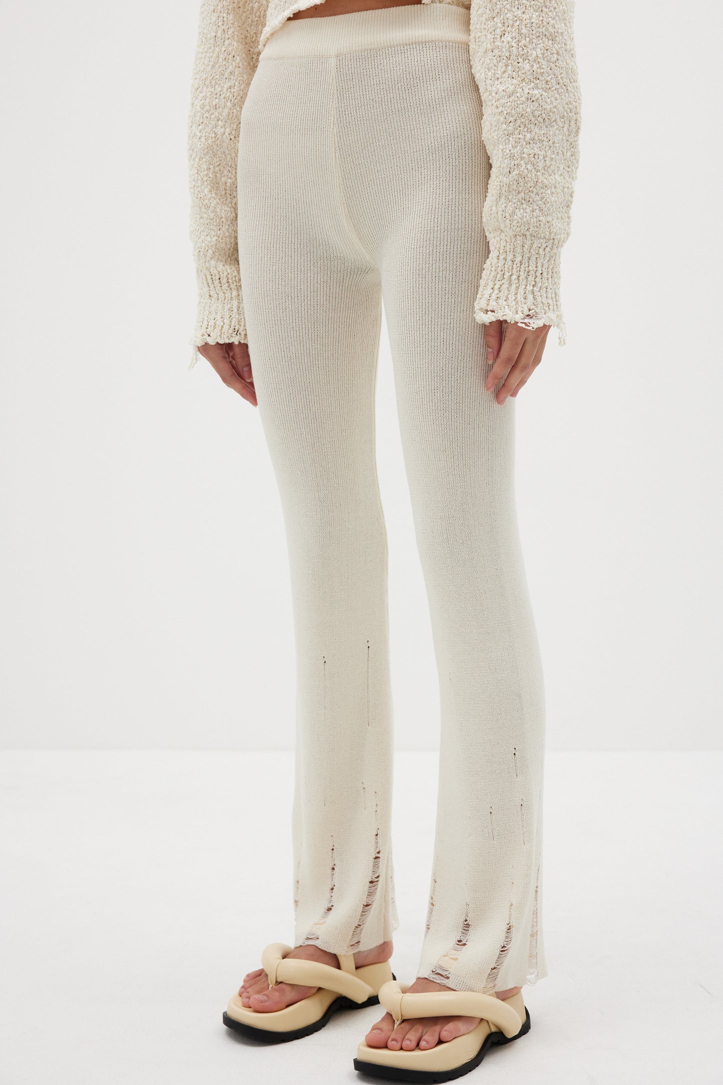 Frayed Hem Knitted Pants, Cream