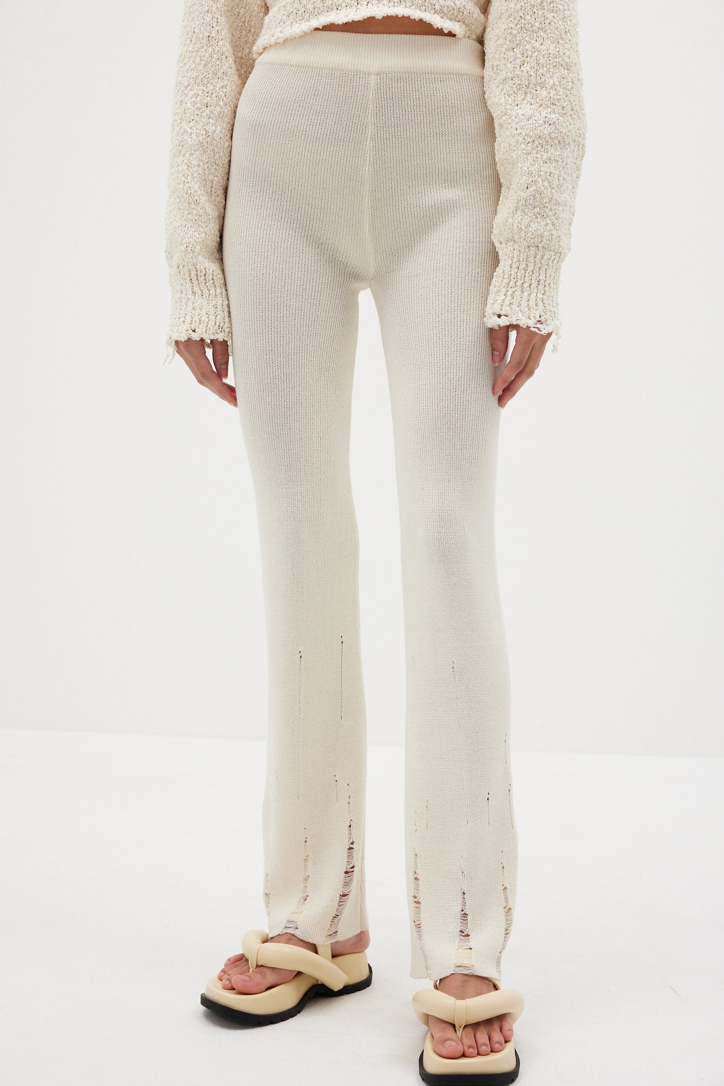 Frayed Hem Knitted Pants, Cream